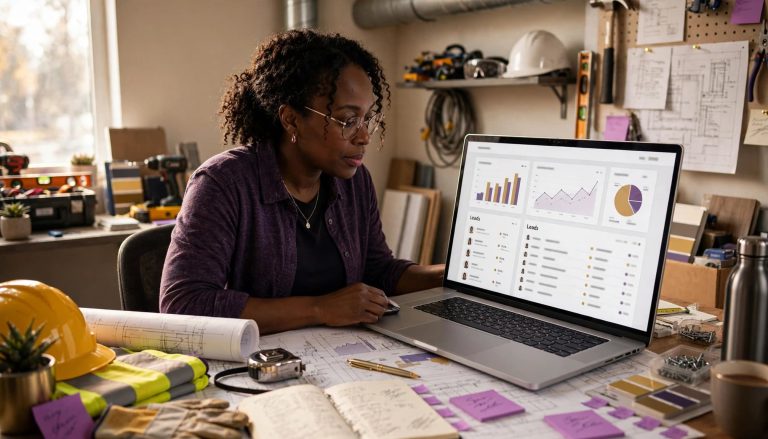 A woman trades business owner reviewing marketing analytics and customer leads on a laptop