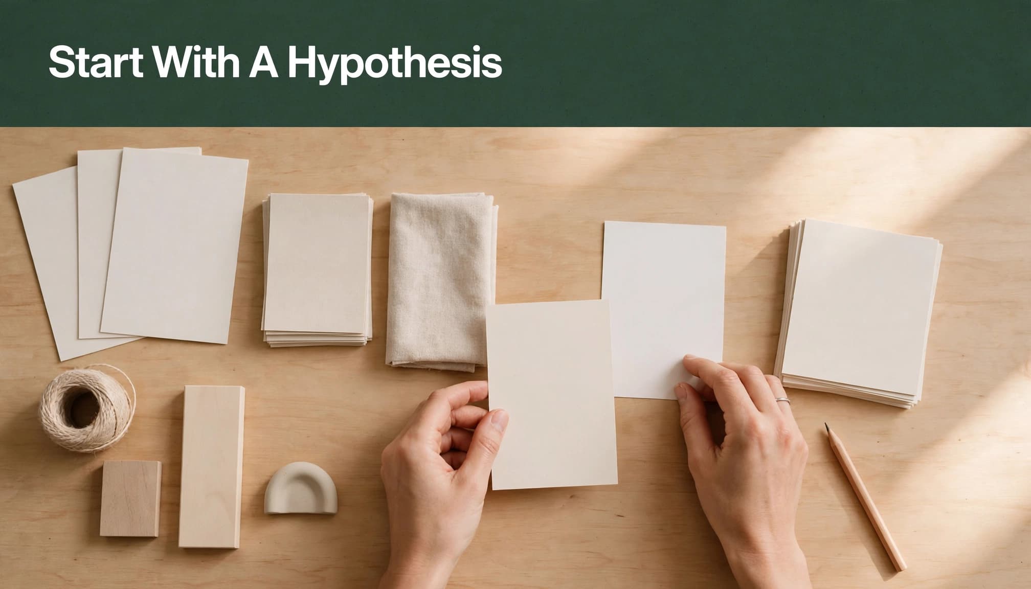 Hands arranging cards on a wooden table under a green banner with the text Start With A Hypothesis.