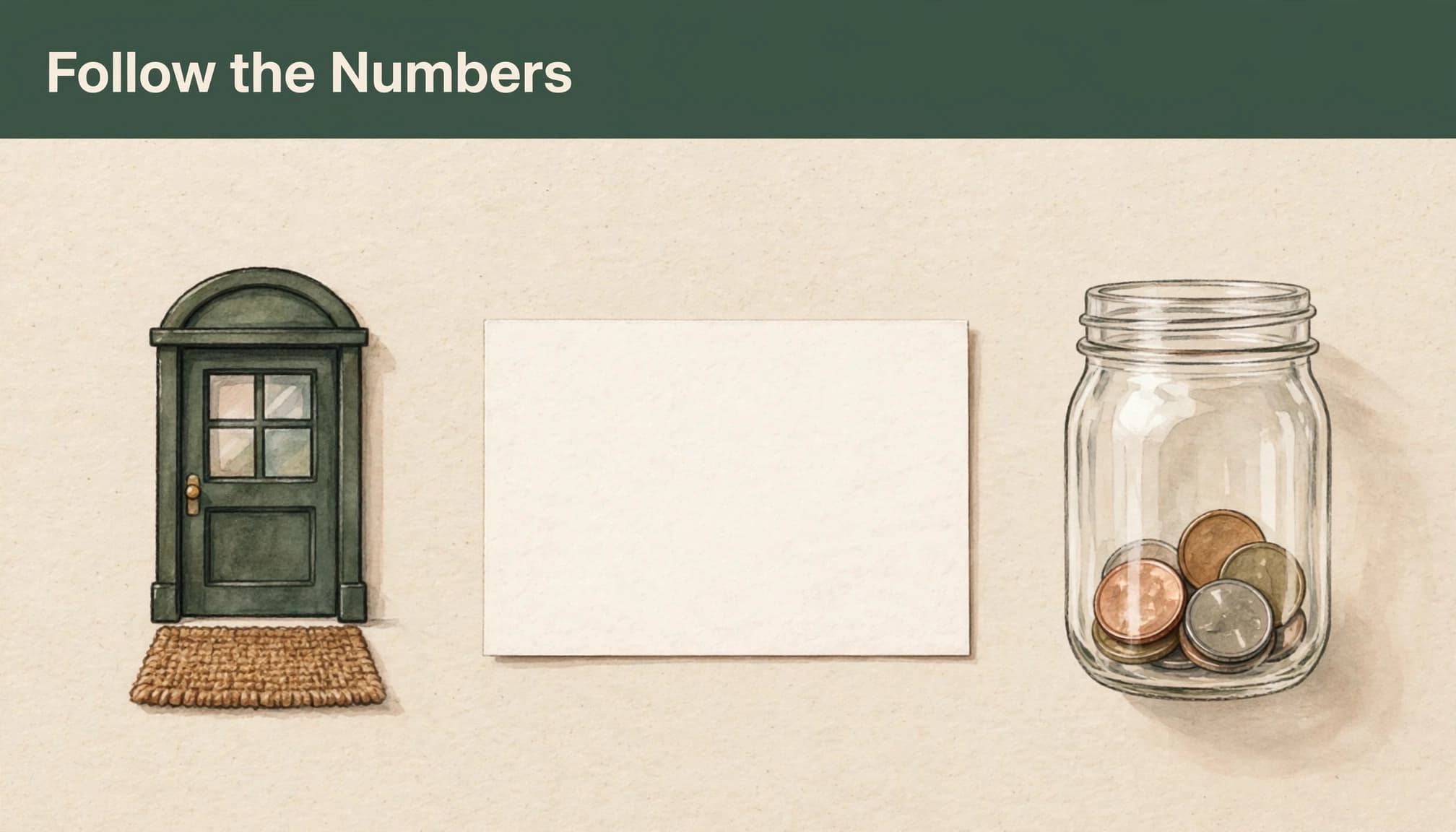 An editorial illustration with a dark green caption bar at the top reading 'Follow the Numbers' and three objects below.