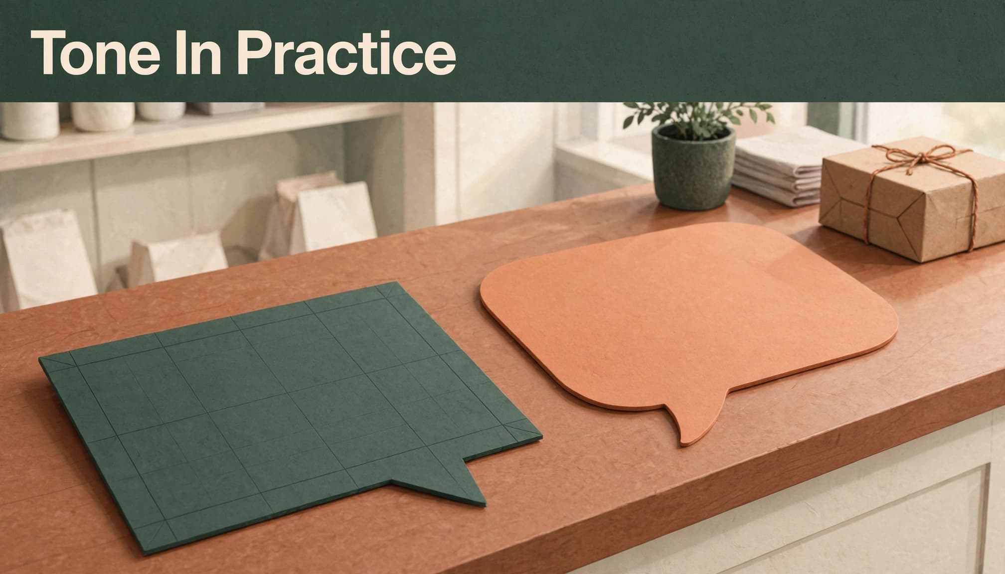 Tone In Practice headline above a counter with a green speech card and an orange speech card.