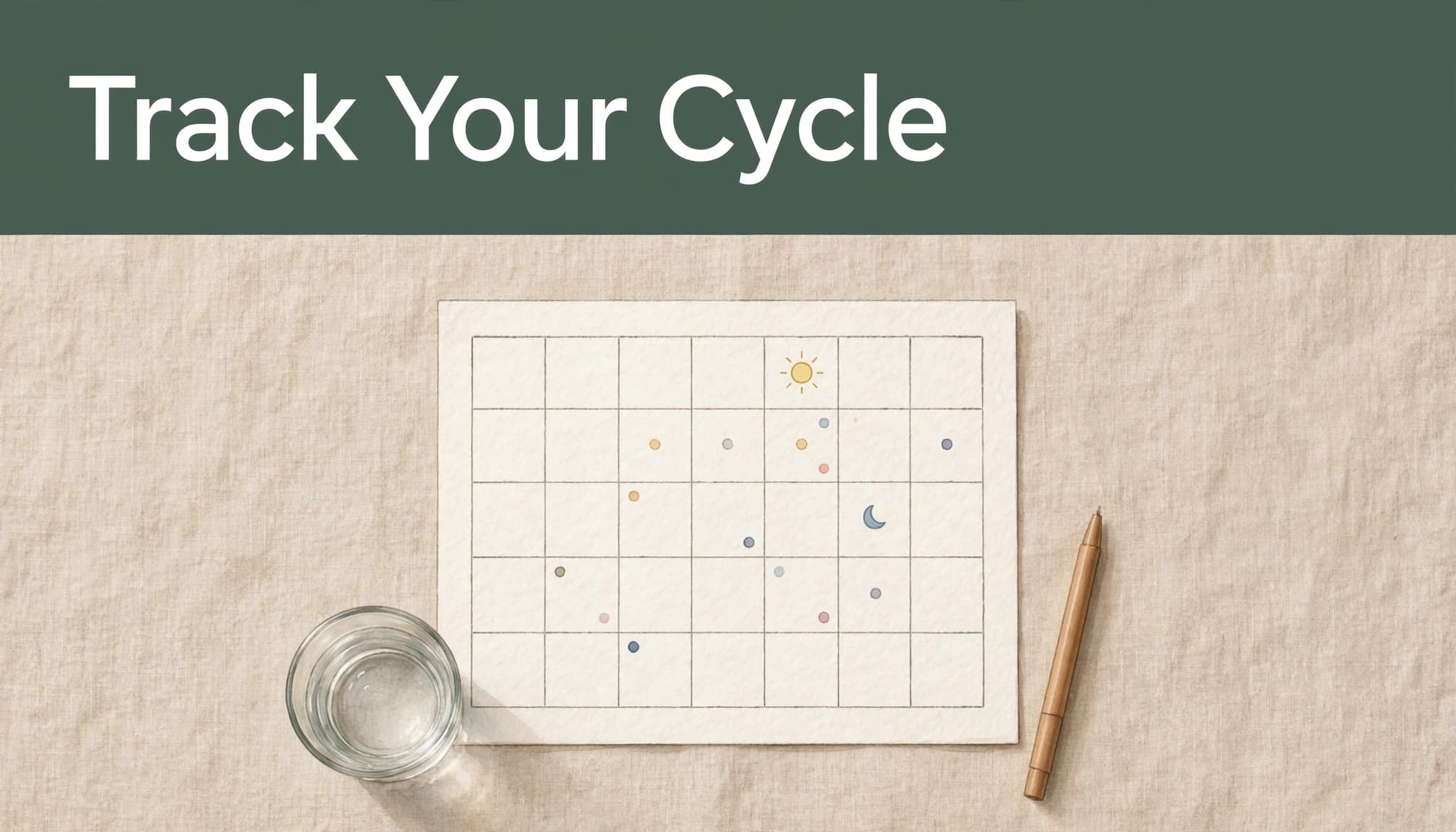 An overhead view of a cycle tracking calendar with a glass of water and a pen, featuring the headline