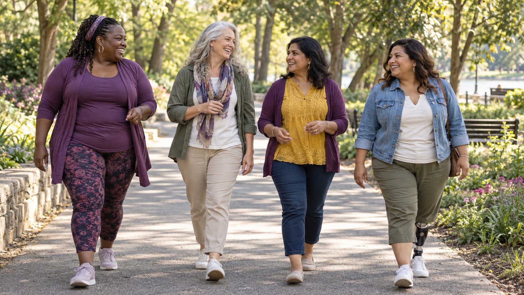 Four diverse women of different ages and body types walking together in a park