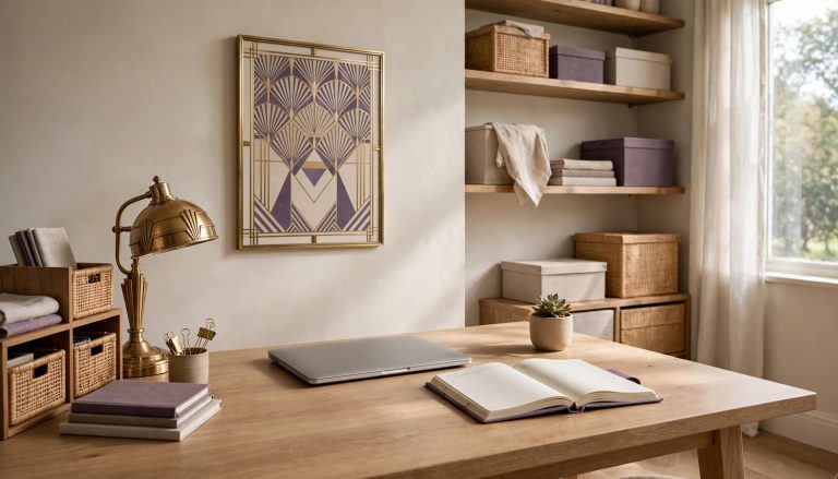 Organized home office with laptop, planner, storage baskets and Art Deco wall art