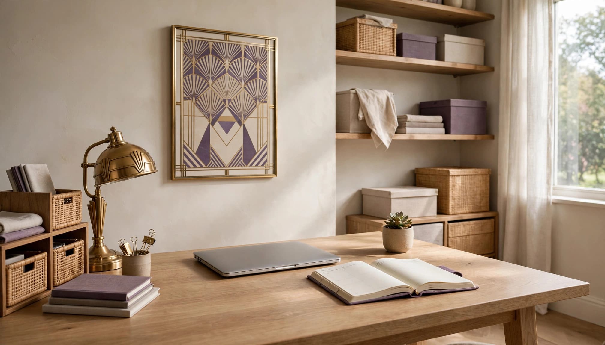 Organized home office with laptop, planner, storage baskets and Art Deco wall art