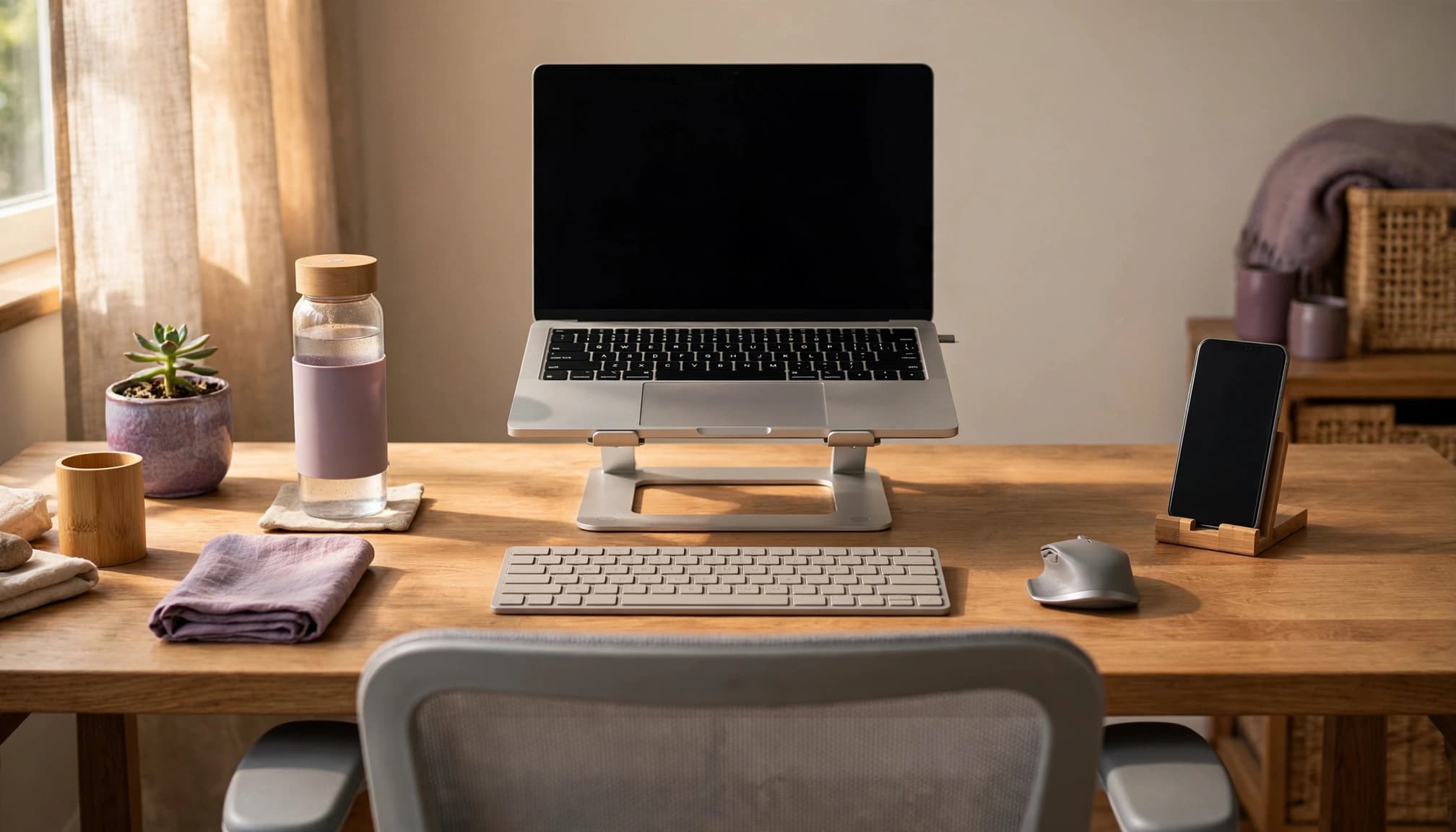 Ergonomic workspace with a raised laptop, external keyboard, mouse, phone stand and supportive chair