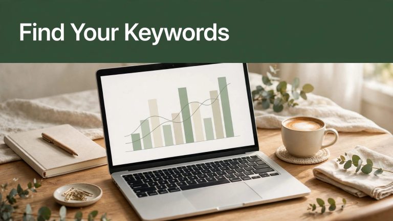 A laptop with a keyword chart sits beside a notebook and coffee under a green headline.