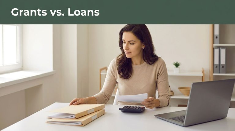 A woman reviews two funding folders at her desk beneath a grants-versus-loans headline.