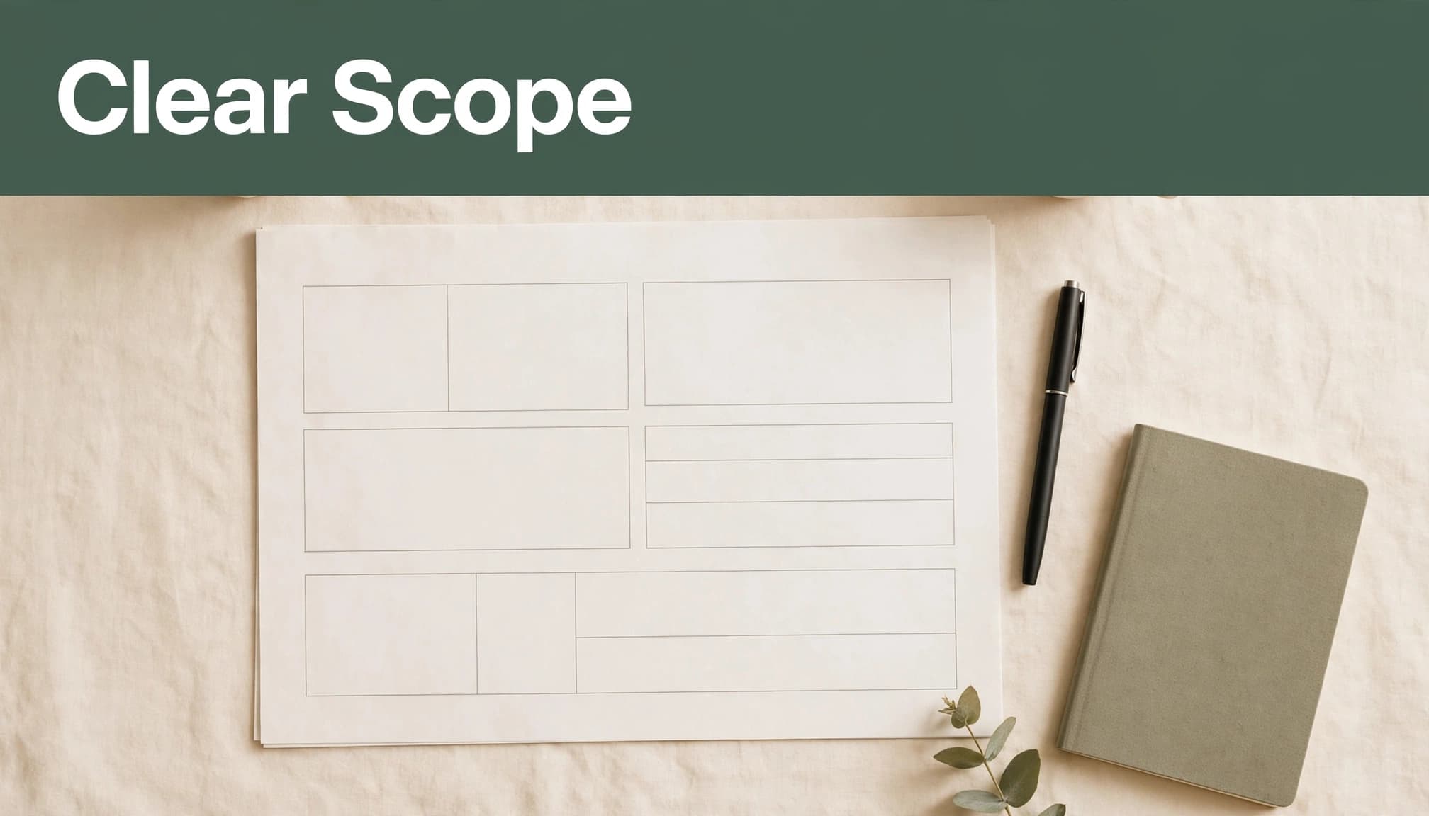 A blank proposal sheet, pen, and notebook on a cream desk beneath a green headline strip.