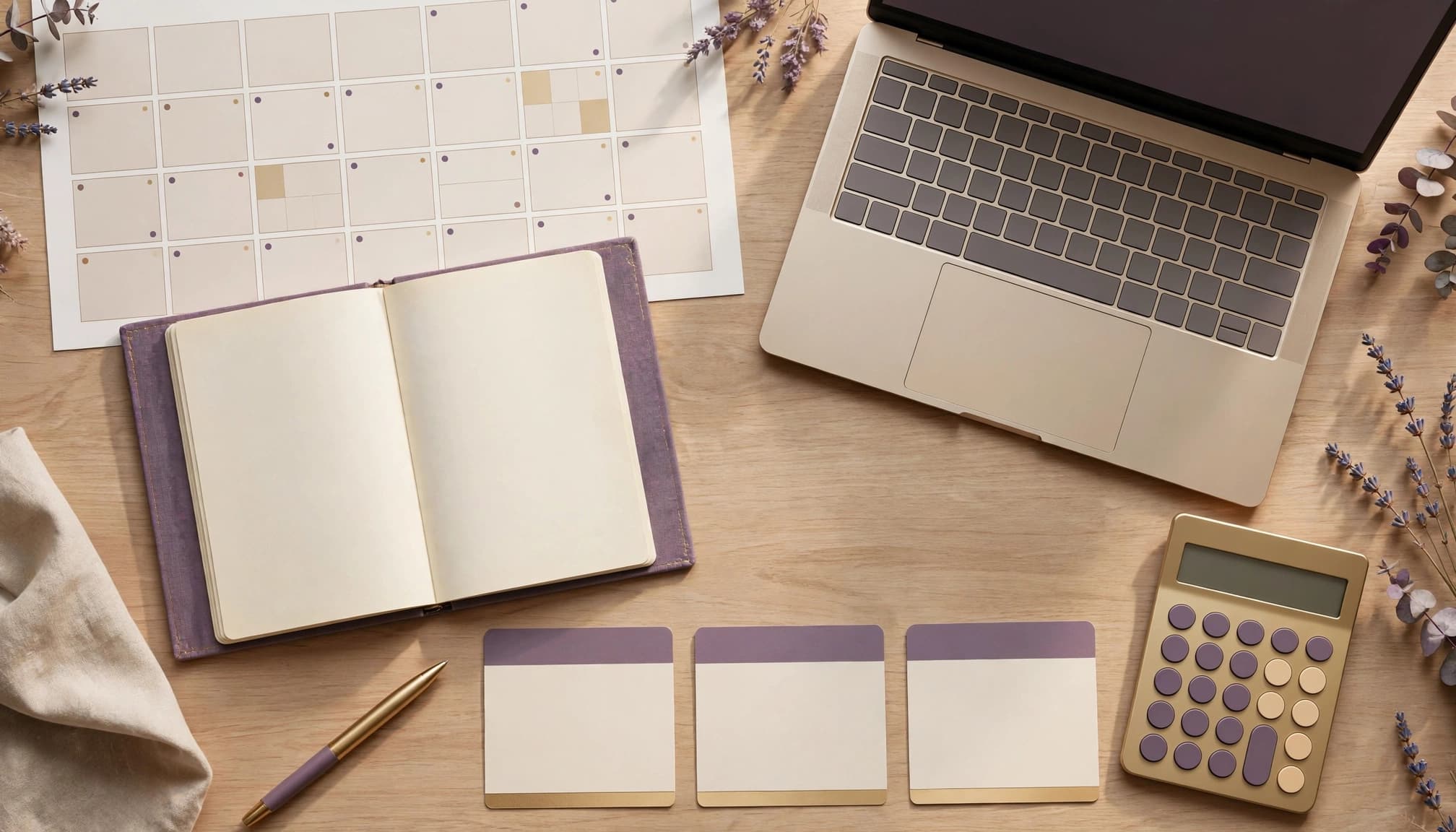 Goal-planning workspace with laptop, calendar, notebook, priority cards and calculator