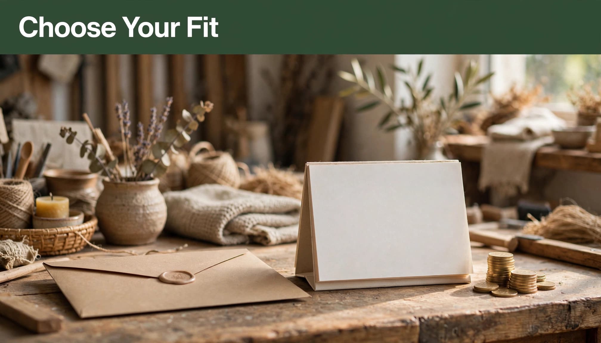 A workshop counter with a sealed envelope, a blank calendar, and coins below a green Choose Your Fit banner.