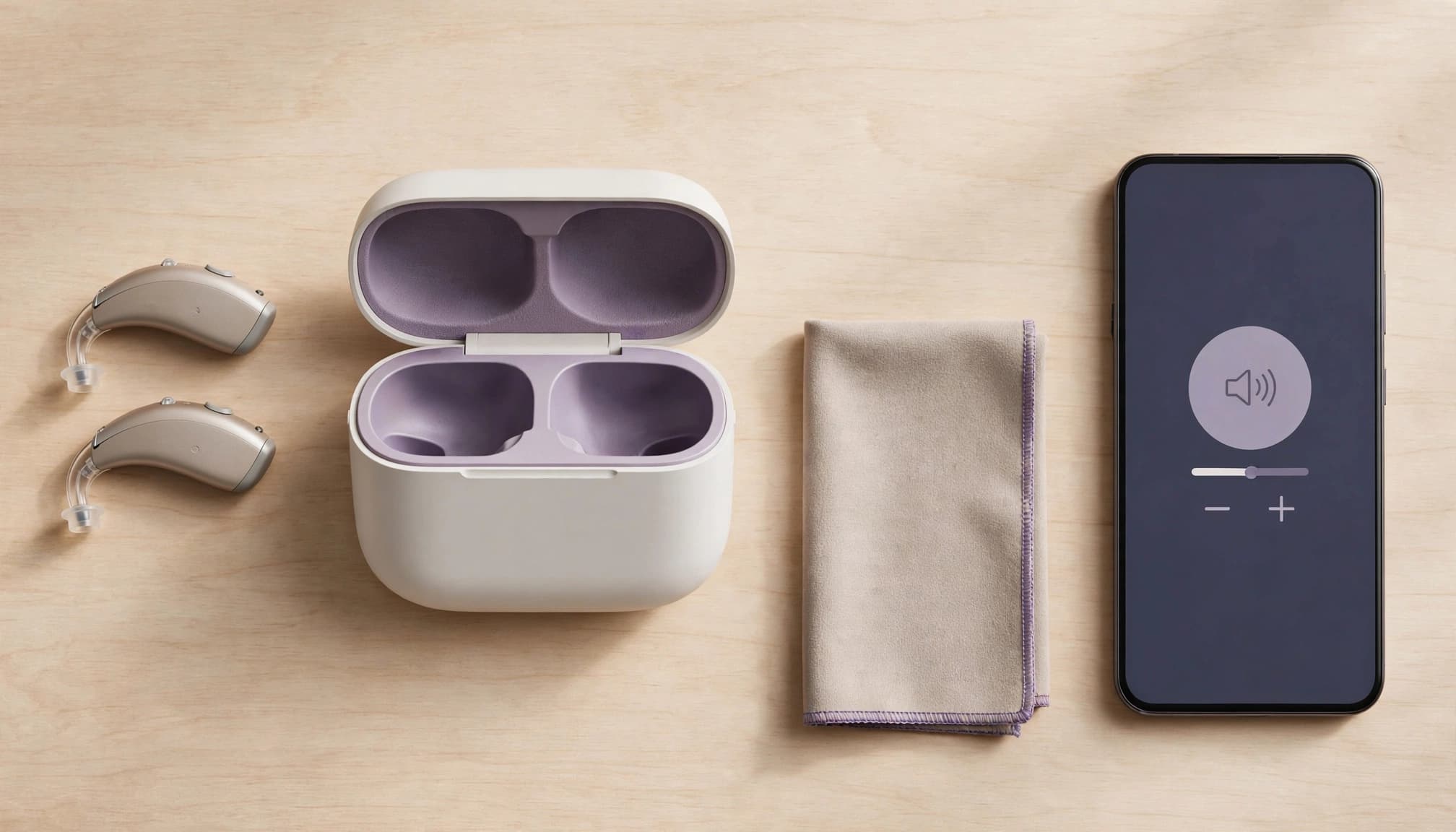 Hearing aids, charging case, cleaning cloth and smartphone with volume contro