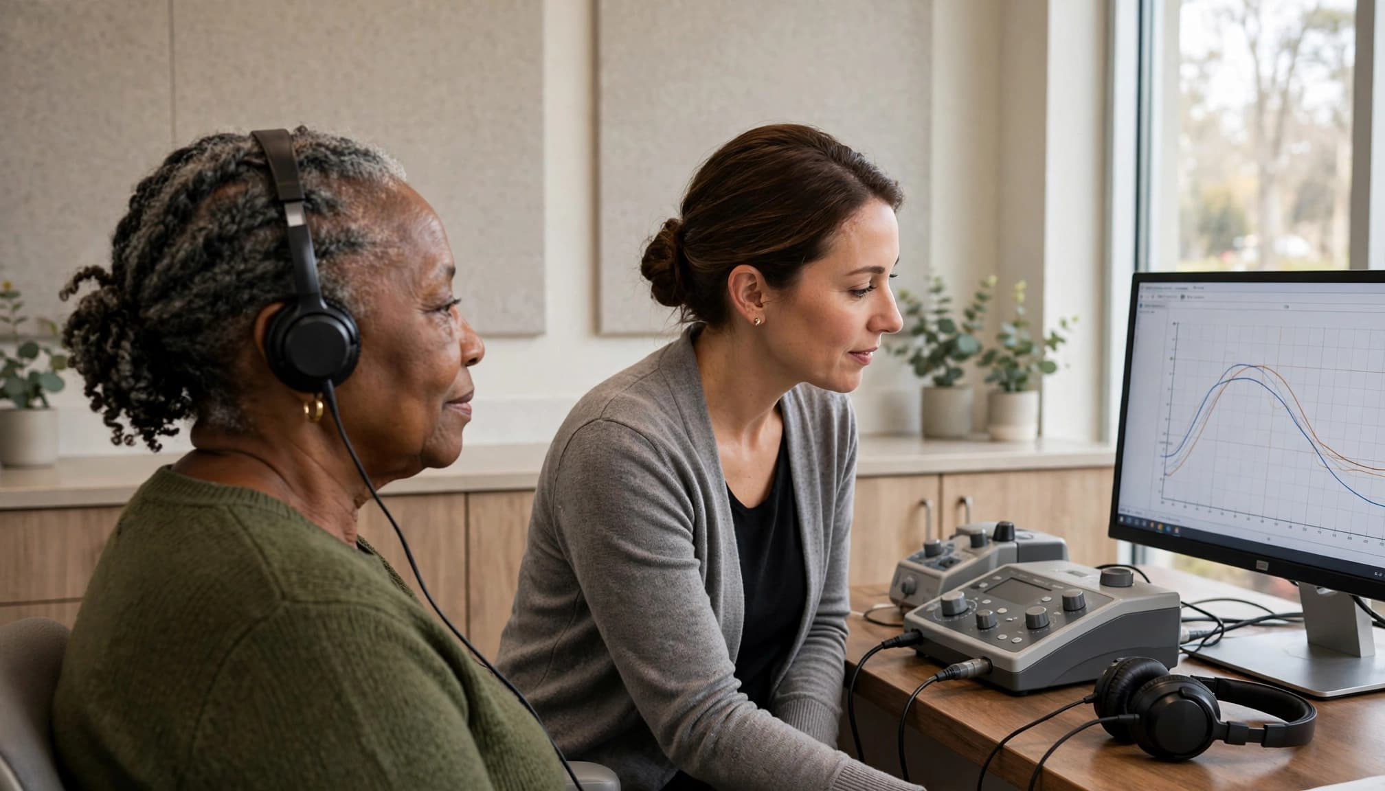 Audiologist conducting a hearing evaluation with a older woman wearing headphones