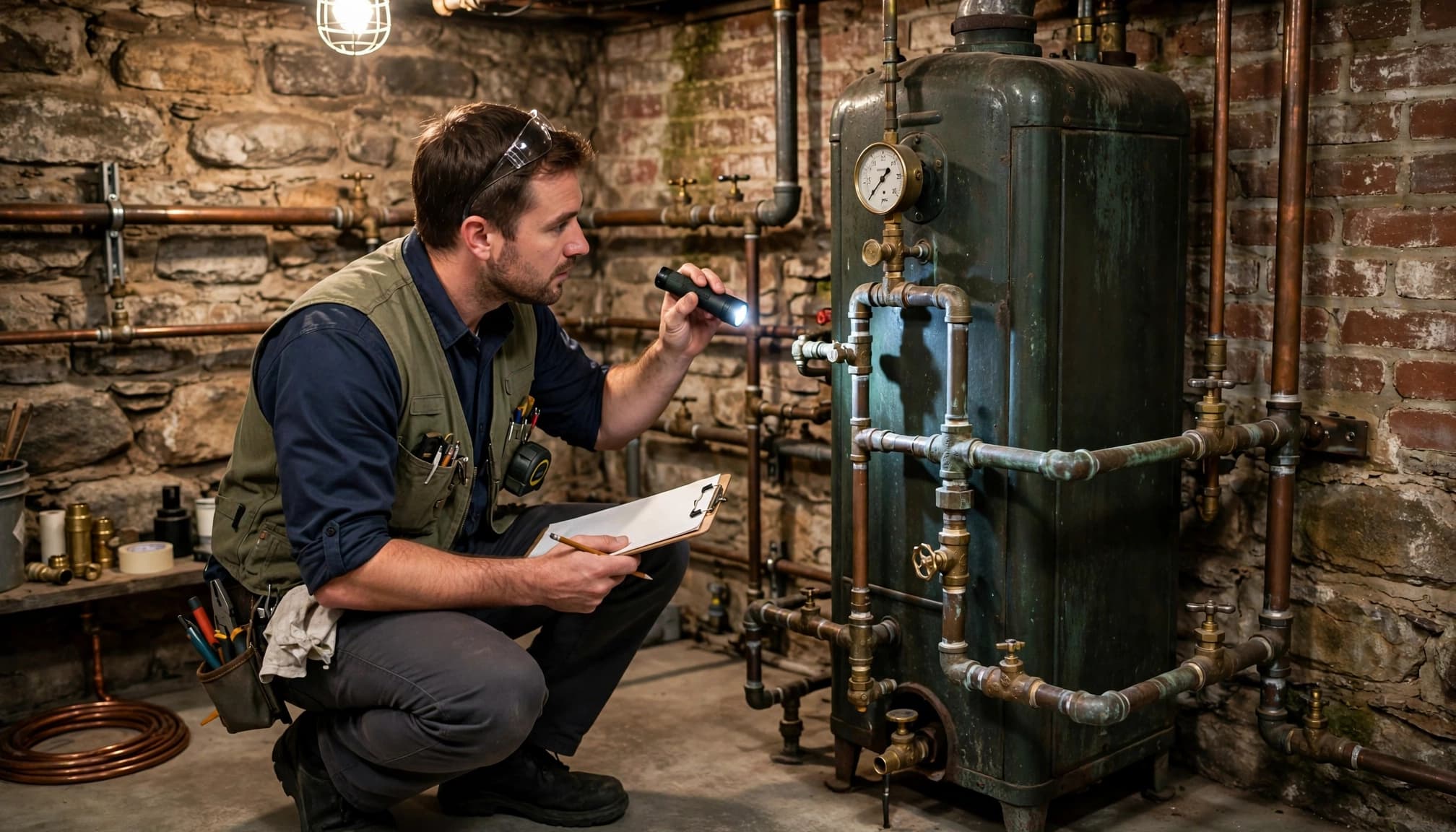 Heating technician inspecting an older boiler and connected pipes in a historic home basement