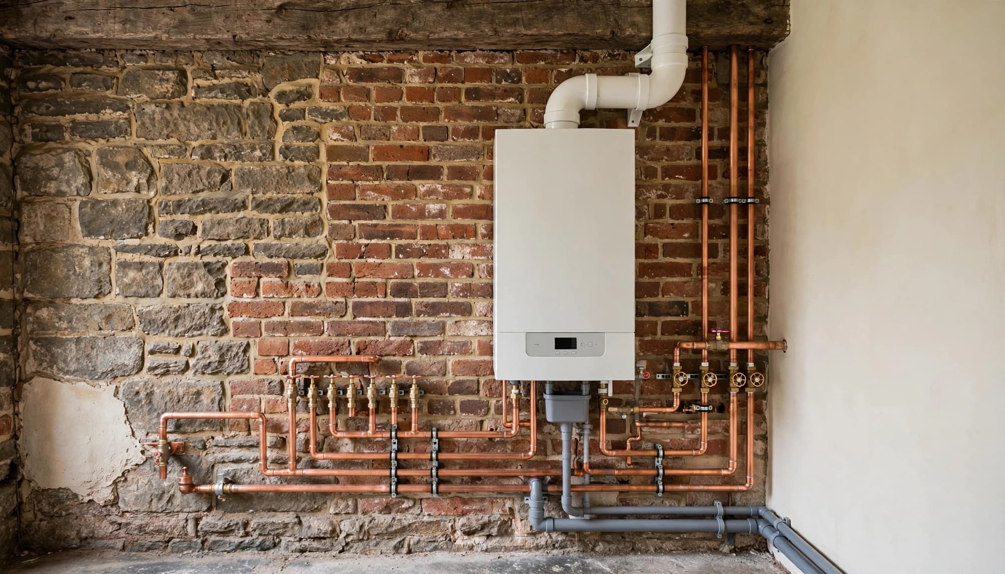 Wall-mounted boiler with copper piping installed against an exposed brick and stone wall