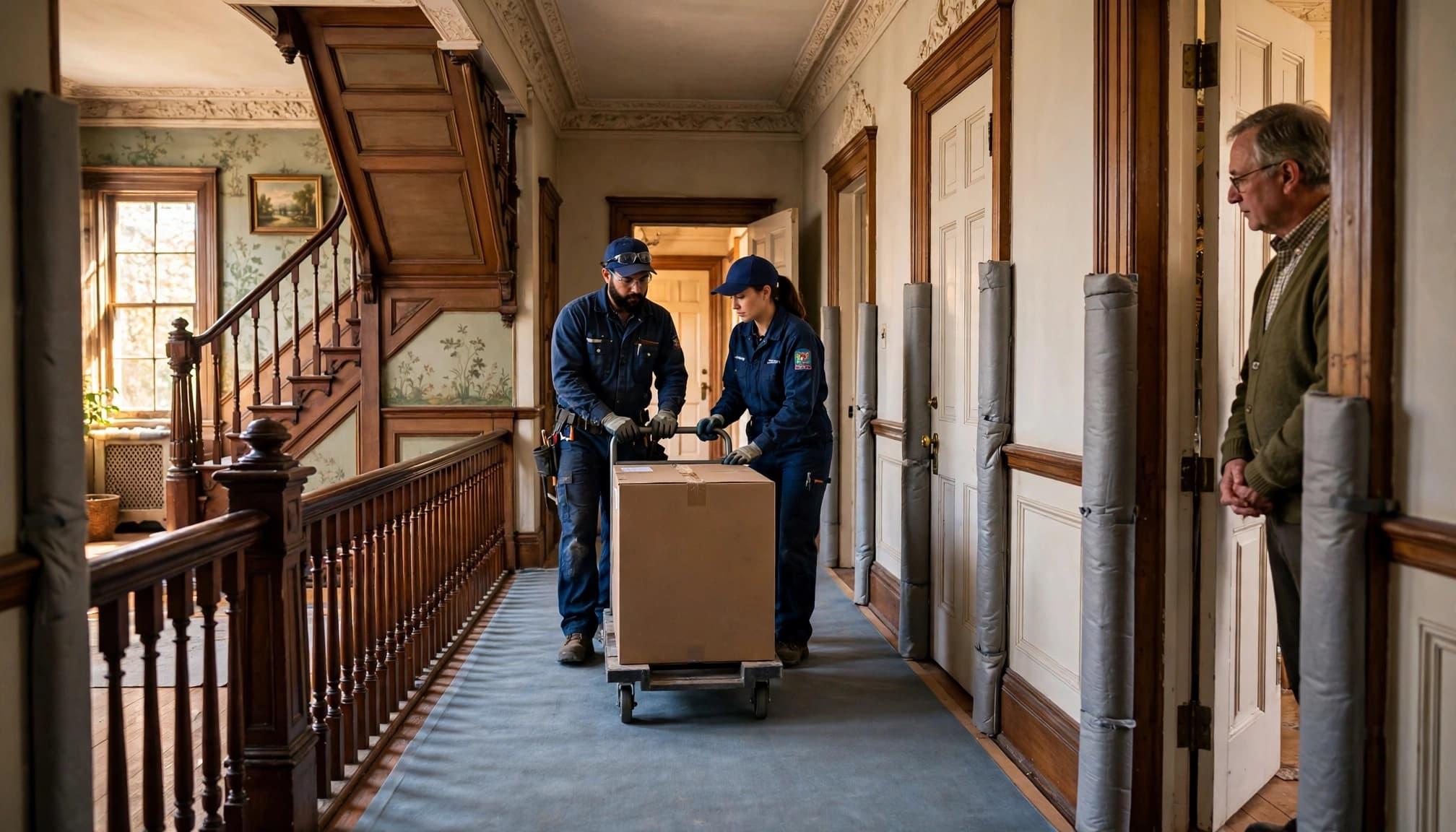 Heating technicians moving boxed equipment through a historic hallway protected with floor runners and padded trim