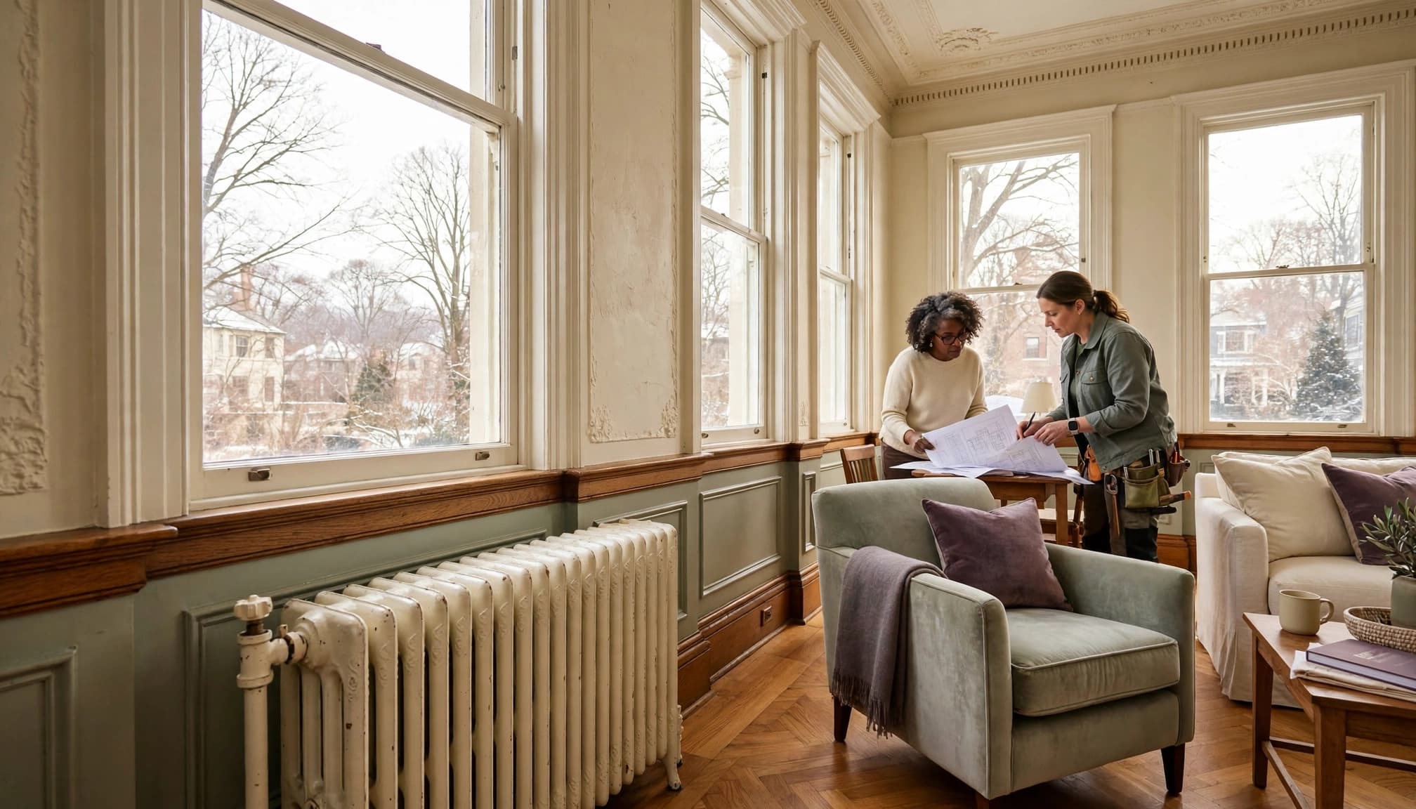 Homeowner and heating professional reviewing plans beside a cast-iron radiator in a historic living room