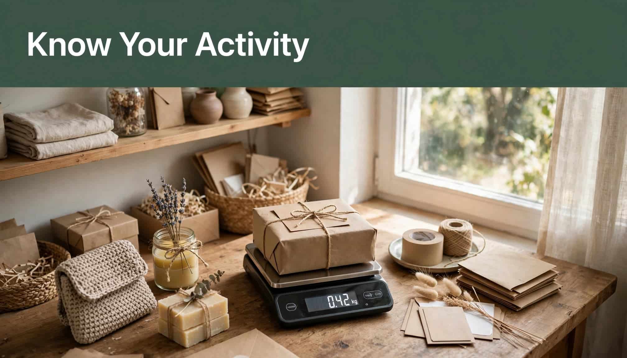 Handmade products, a parcel, and a shipping scale sit in a sunny home packing area.