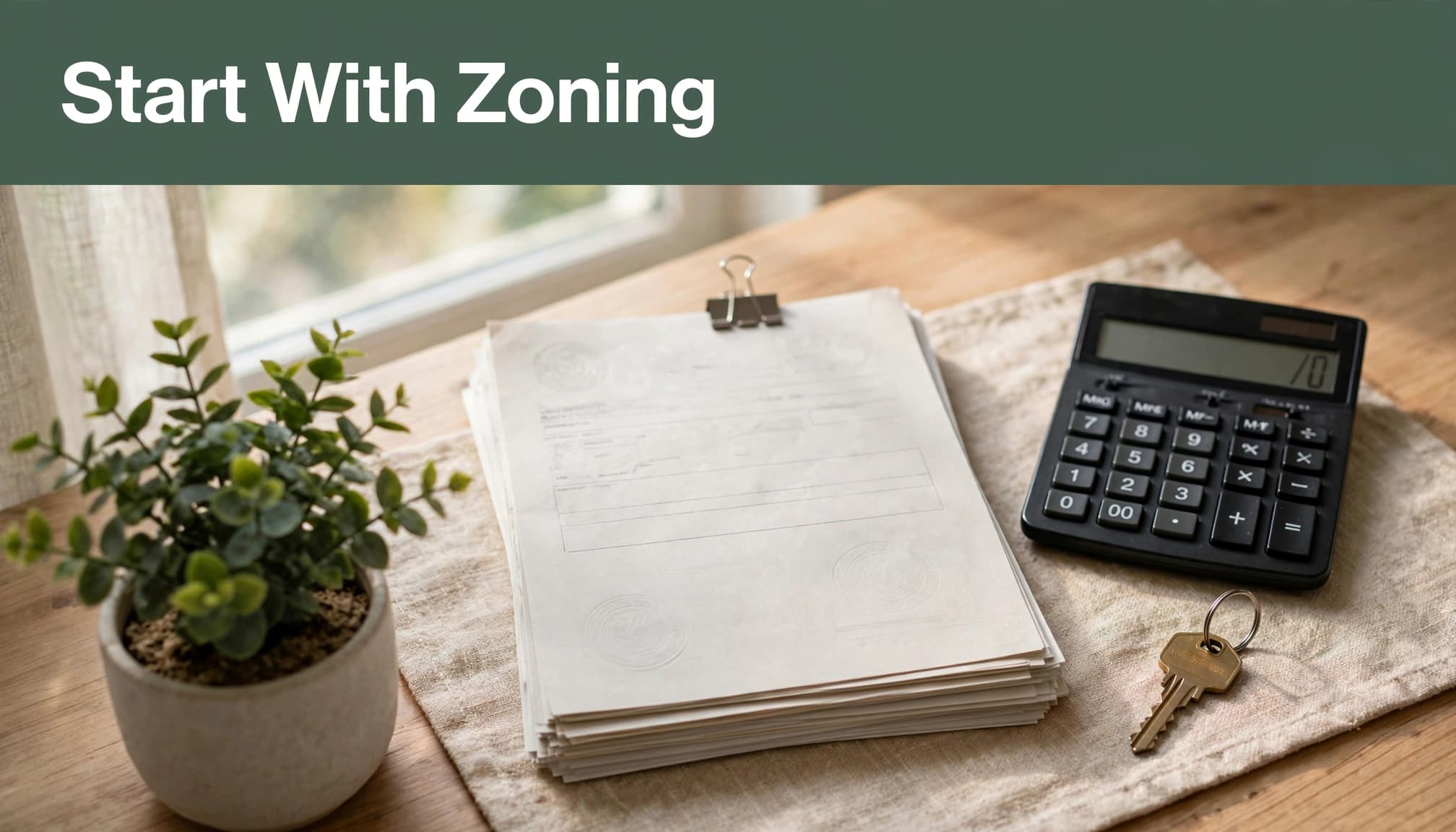 Permit papers, a house key, and calculator rest beside a plant in a bright home workspace.