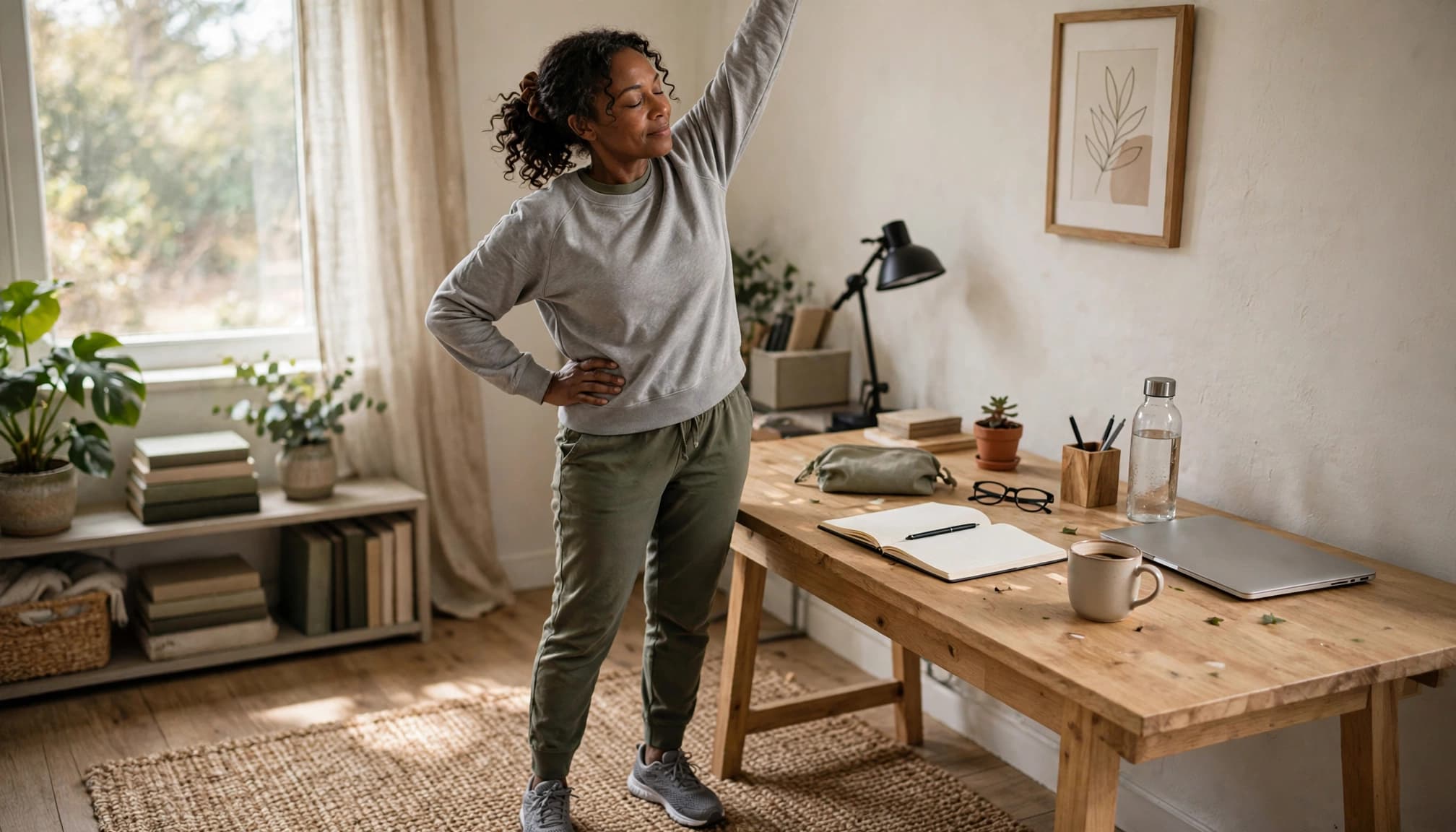 Middle-aged woman stretching beside her home-office desk