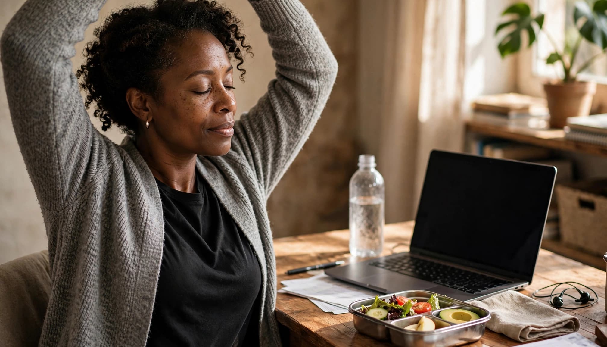 A woman stretching beside a laptop, water bottle and healthy lunch in her home office