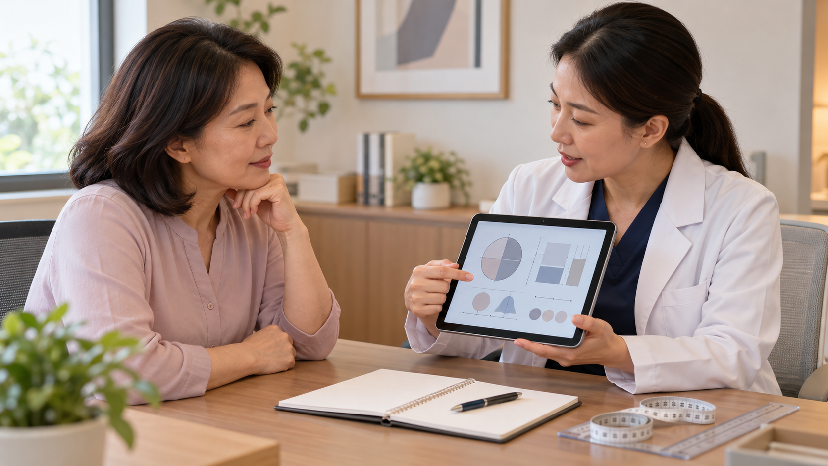 Physician explaining personalized treatment planning to a mature Asian woman using a tablet