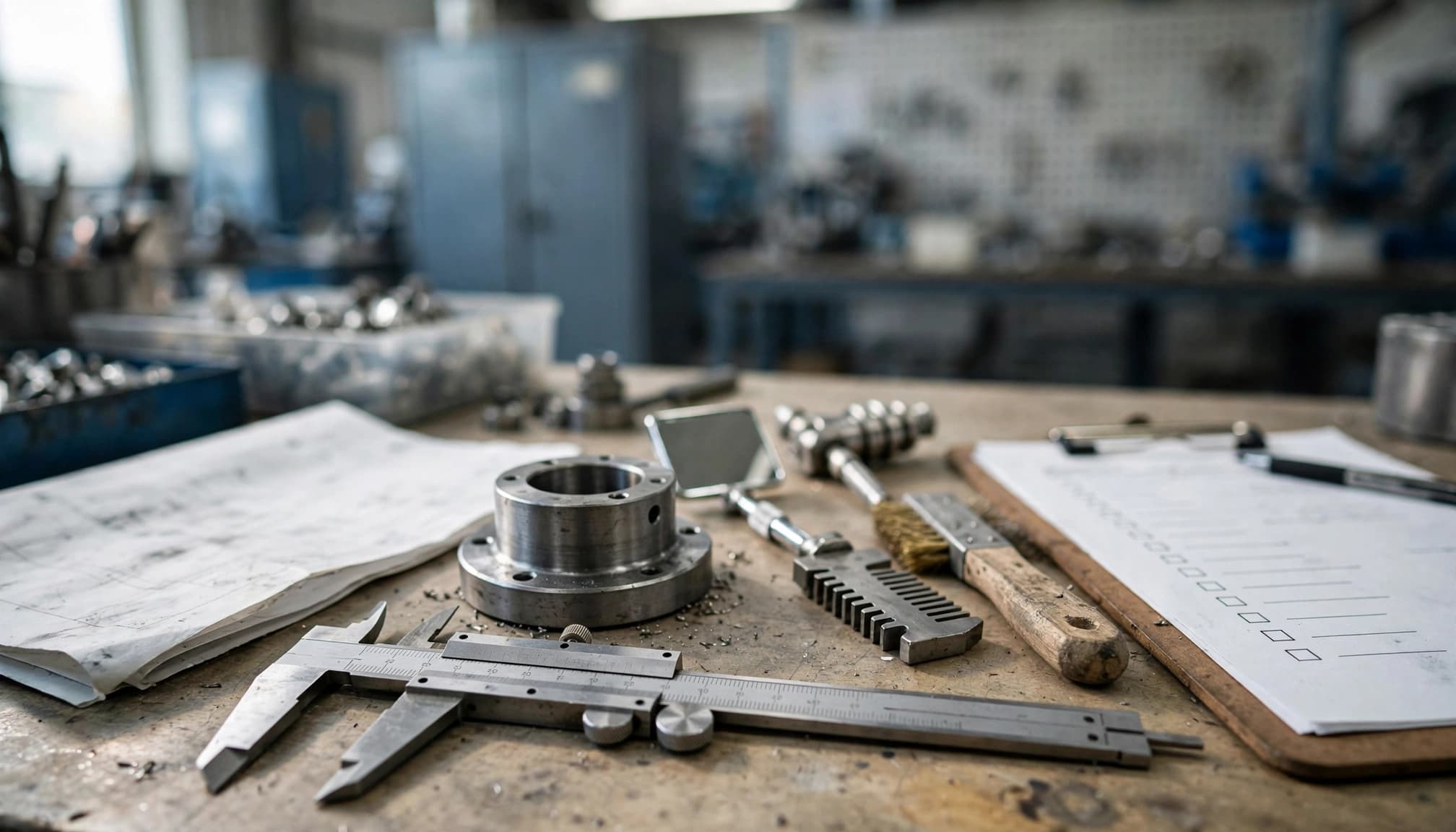 Precision calipers, metal component, technical drawings and inspection checklist on a workshop table