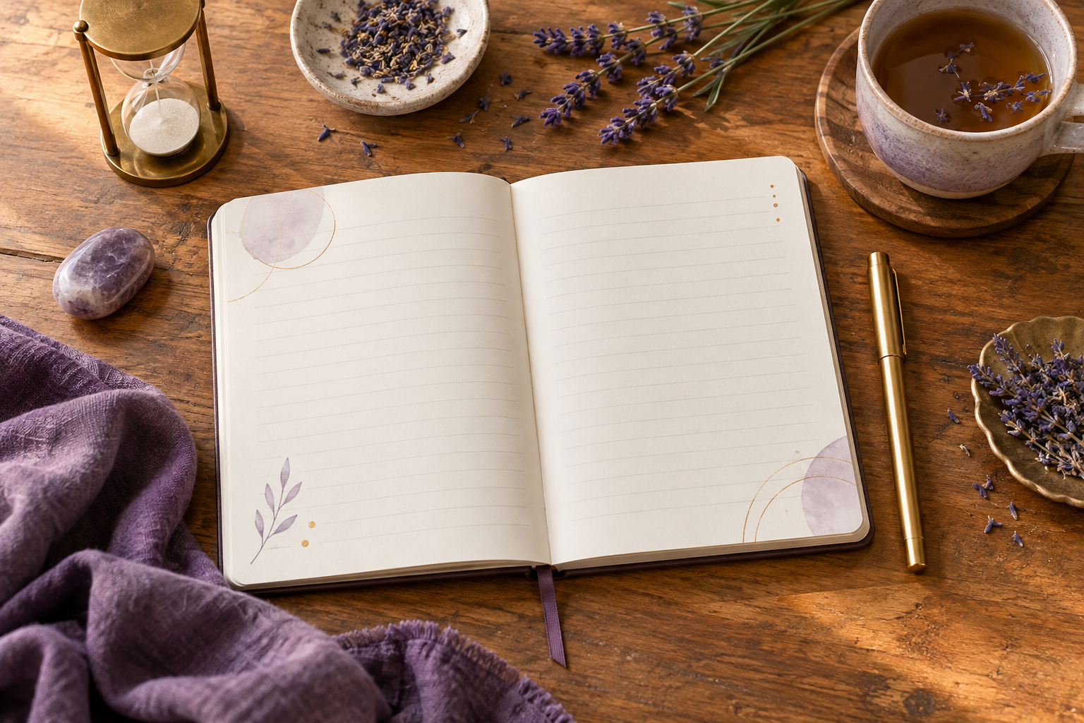 Open lined journal with a gold pen, lavender, tea and an hourglass