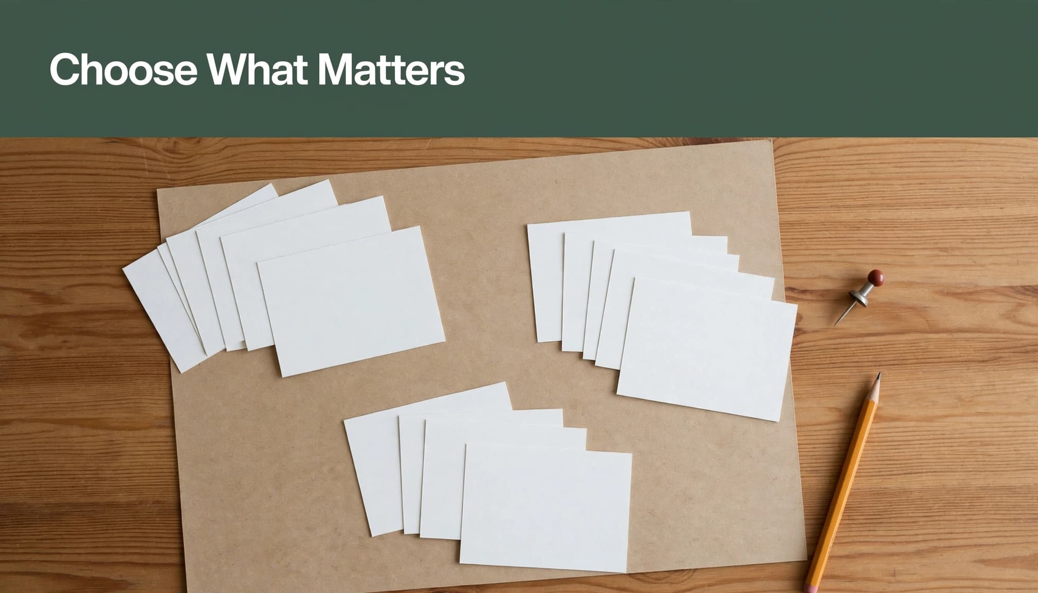 Three groups of blank index cards, a pencil, and a map pin on a wooden table.