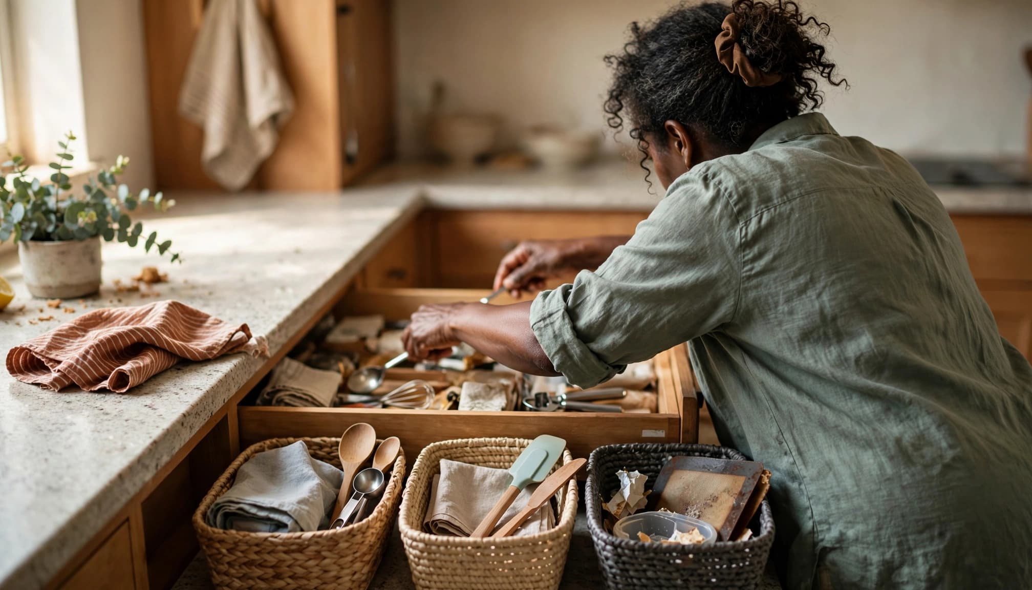 A woman sorting kitchen utensils into baskets while organizing a drawer