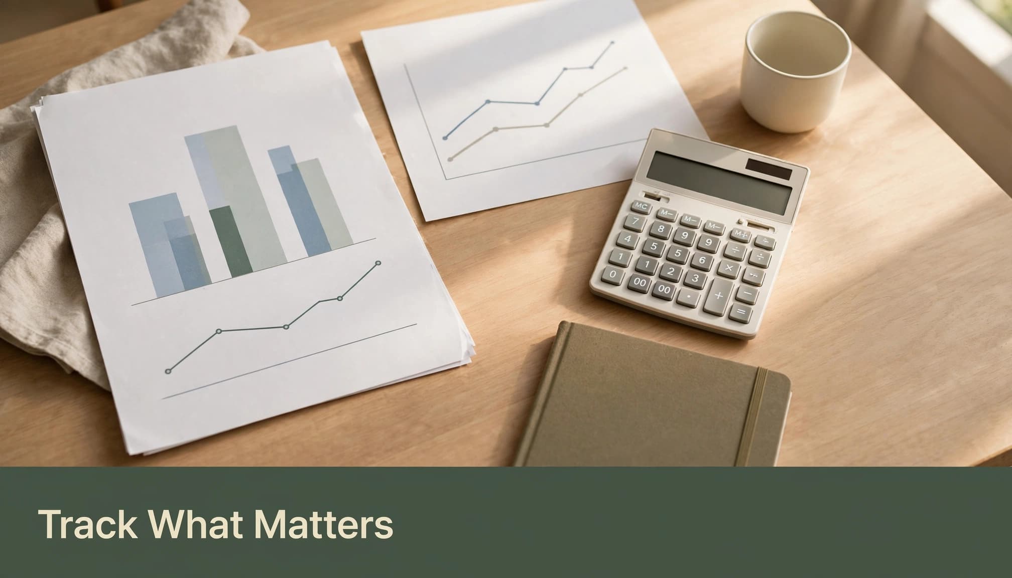 A wooden table with marketing charts, a calculator, a notebook, a mug, and the headline Track What Matters.