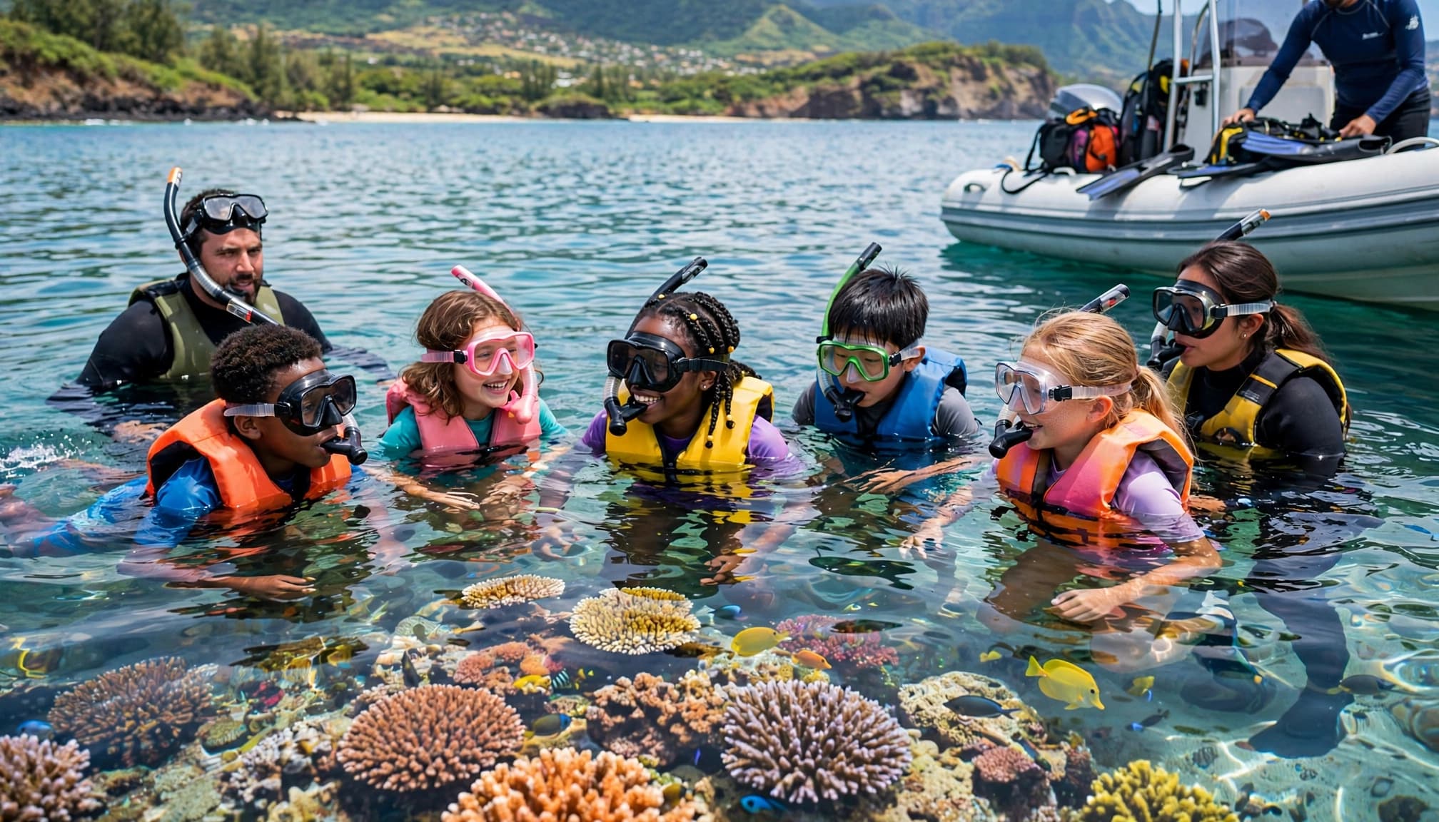 Children wearing snorkel masks and flotation vests exploring a coral reef with guides nearby