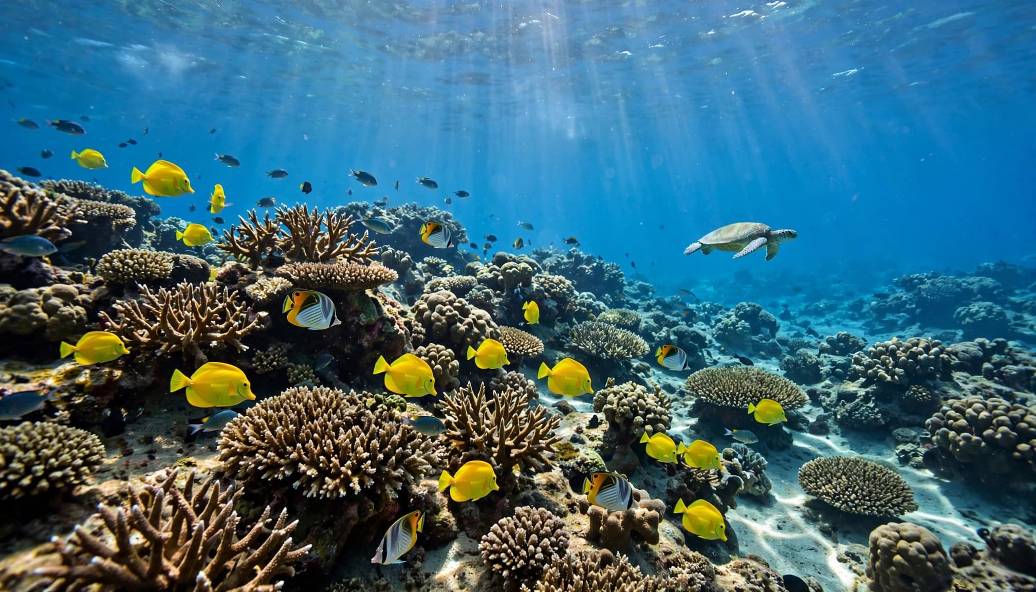 Yellow tang, tropical fish and a green sea turtle swimming above a Hawaiian coral reef