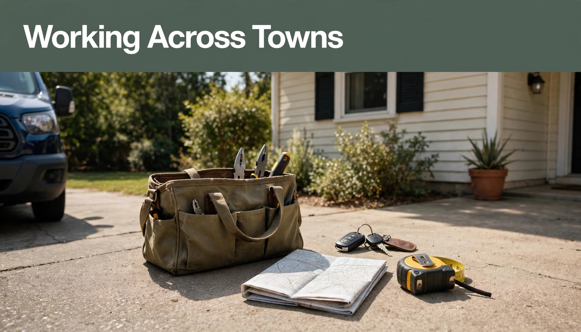 Contractor tools and a folded map sit beside a home and a partly visible vehicle.