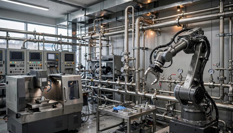 Robotic arm, CNC machine and stainless-steel piping inside a modern industrial facility
