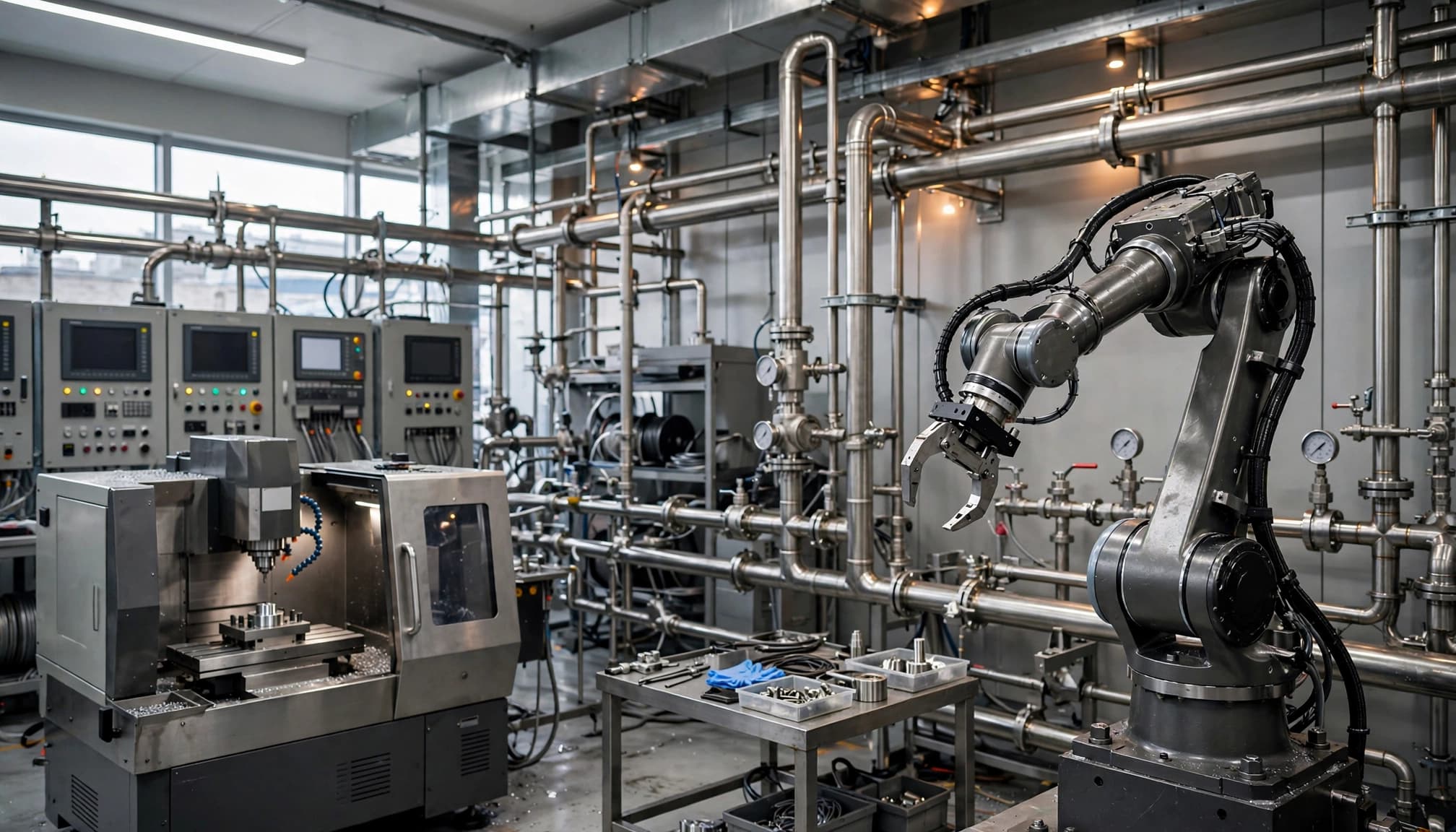 Robotic arm, CNC machine and stainless-steel piping inside a modern industrial facility