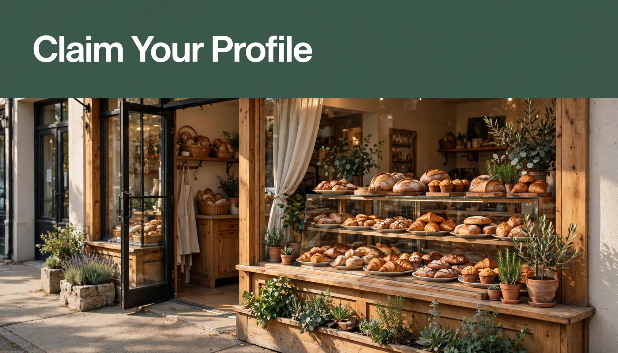 A sunlit bakery storefront with an open entrance and a green