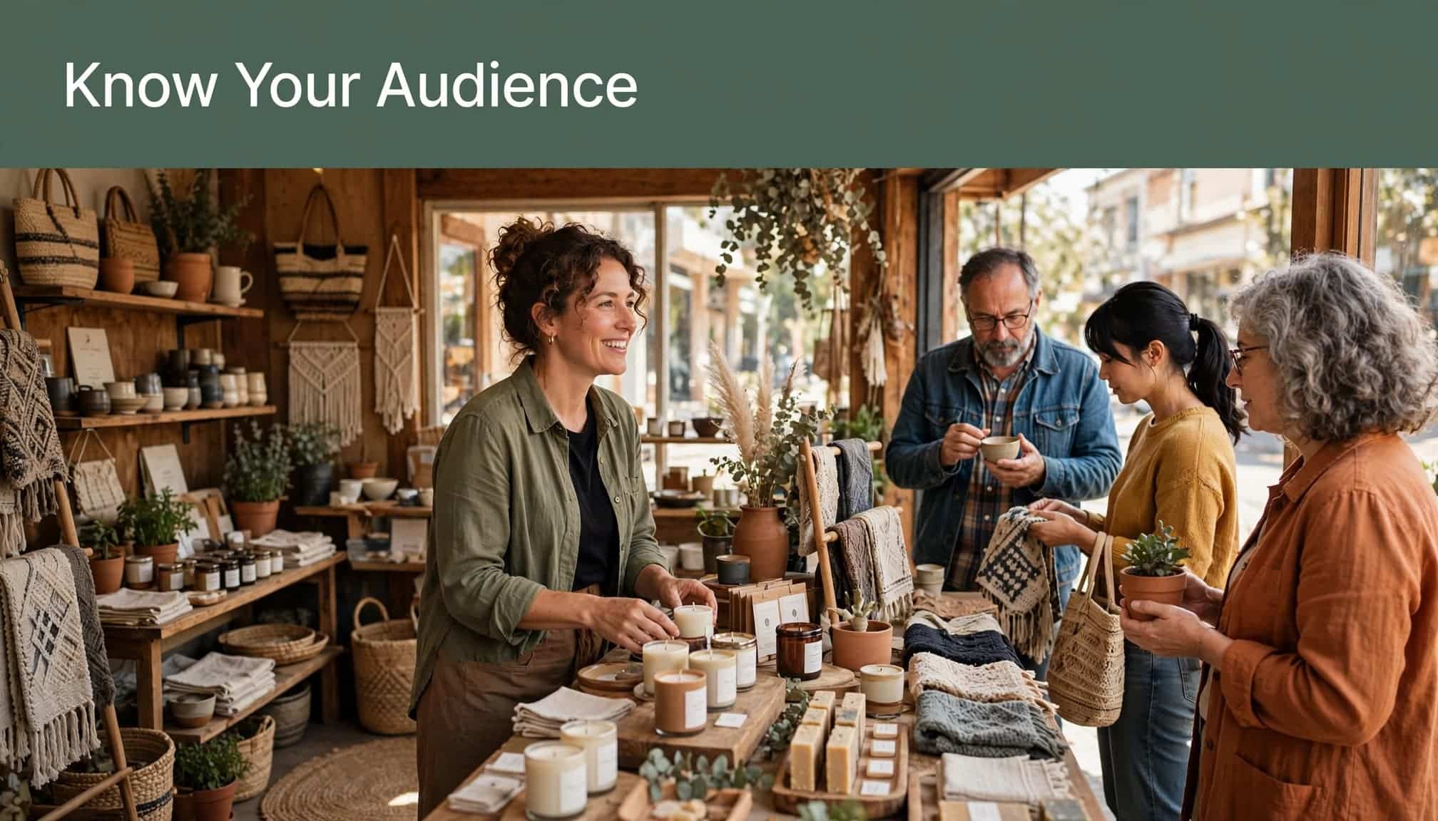 Customers browse handmade goods in a bright shop beneath a green headline strip.