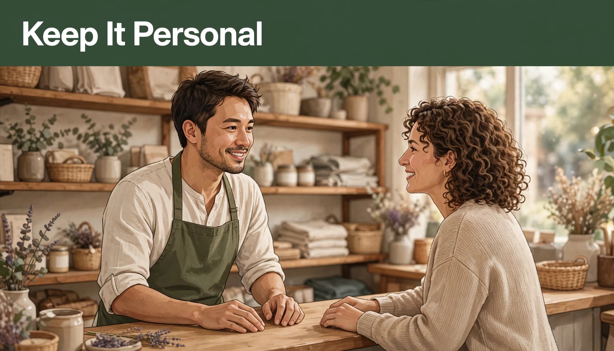 An illustration of a shopkeeper and a customer talking across a counter, with the headline Keep It Personal.