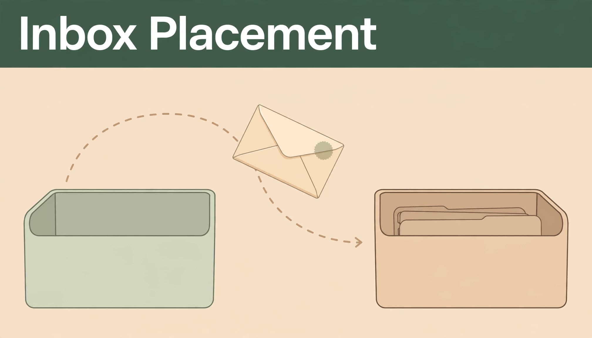 An illustration of an envelope moving between two trays under a dark green header reading Inbox Placement.