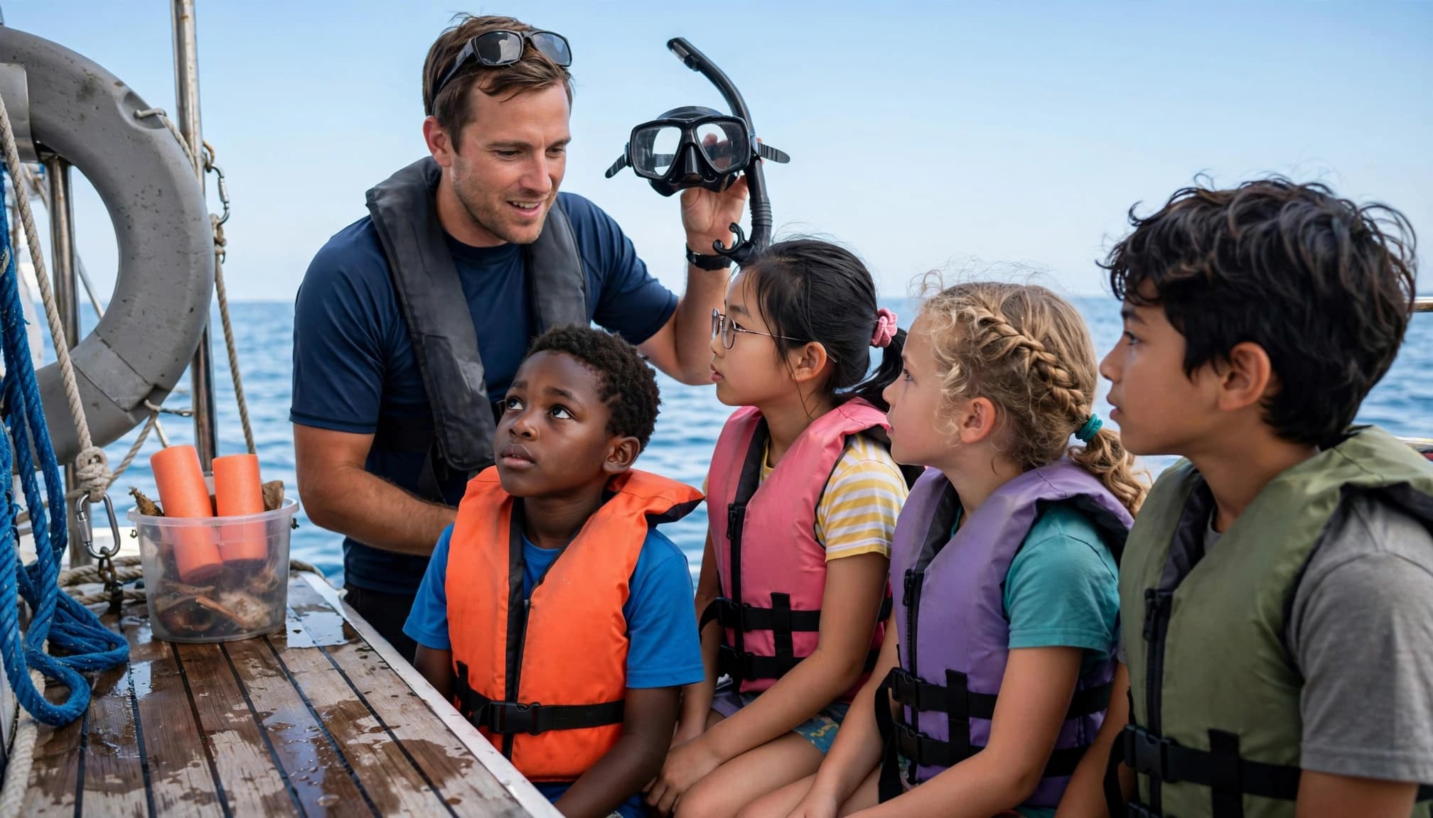 Ocean guide showing snorkeling equipment to children wearing flotation vests