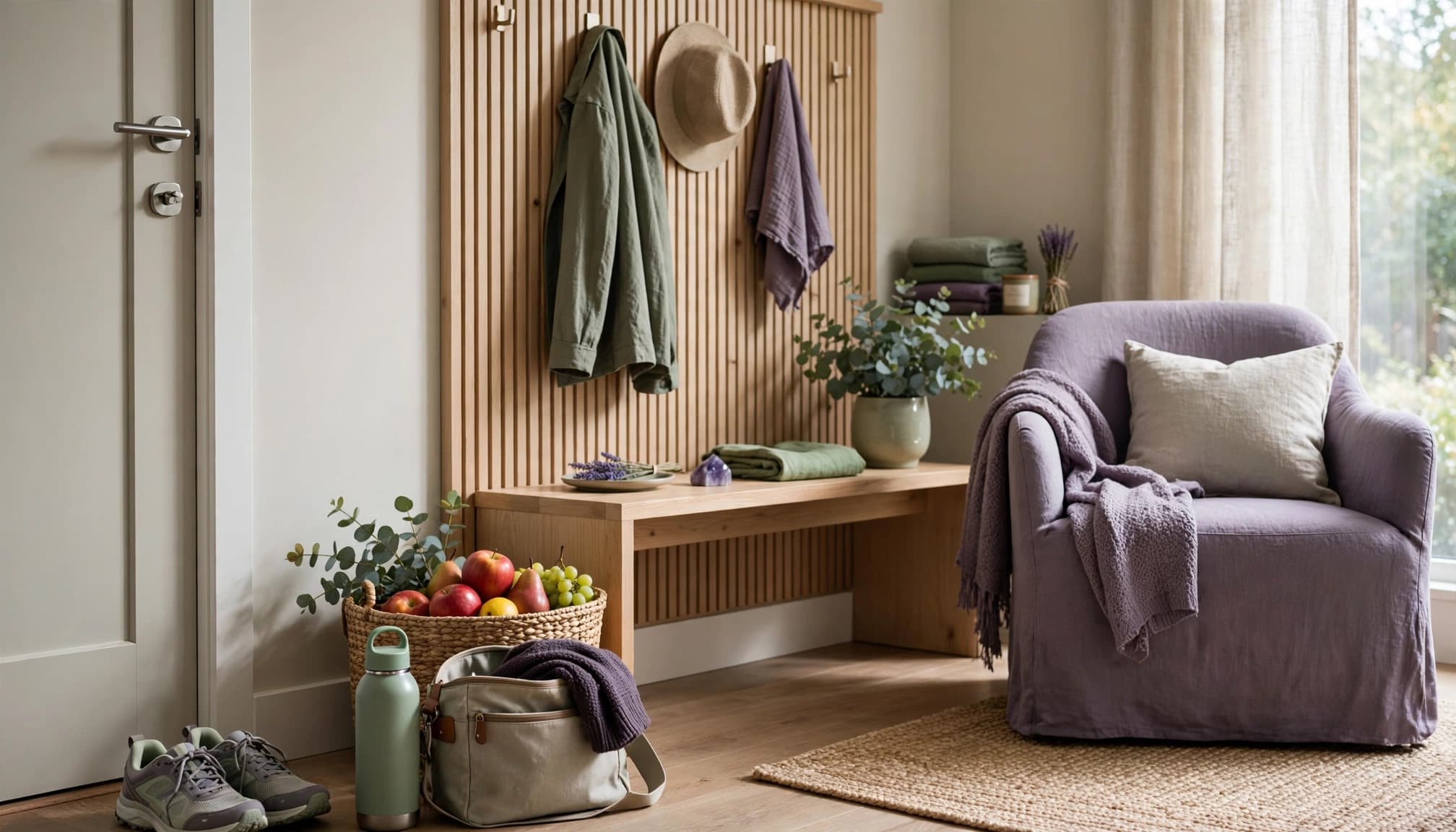 Organized entryway with walking shoes, water bottle, fruit basket and comfortable purple chair