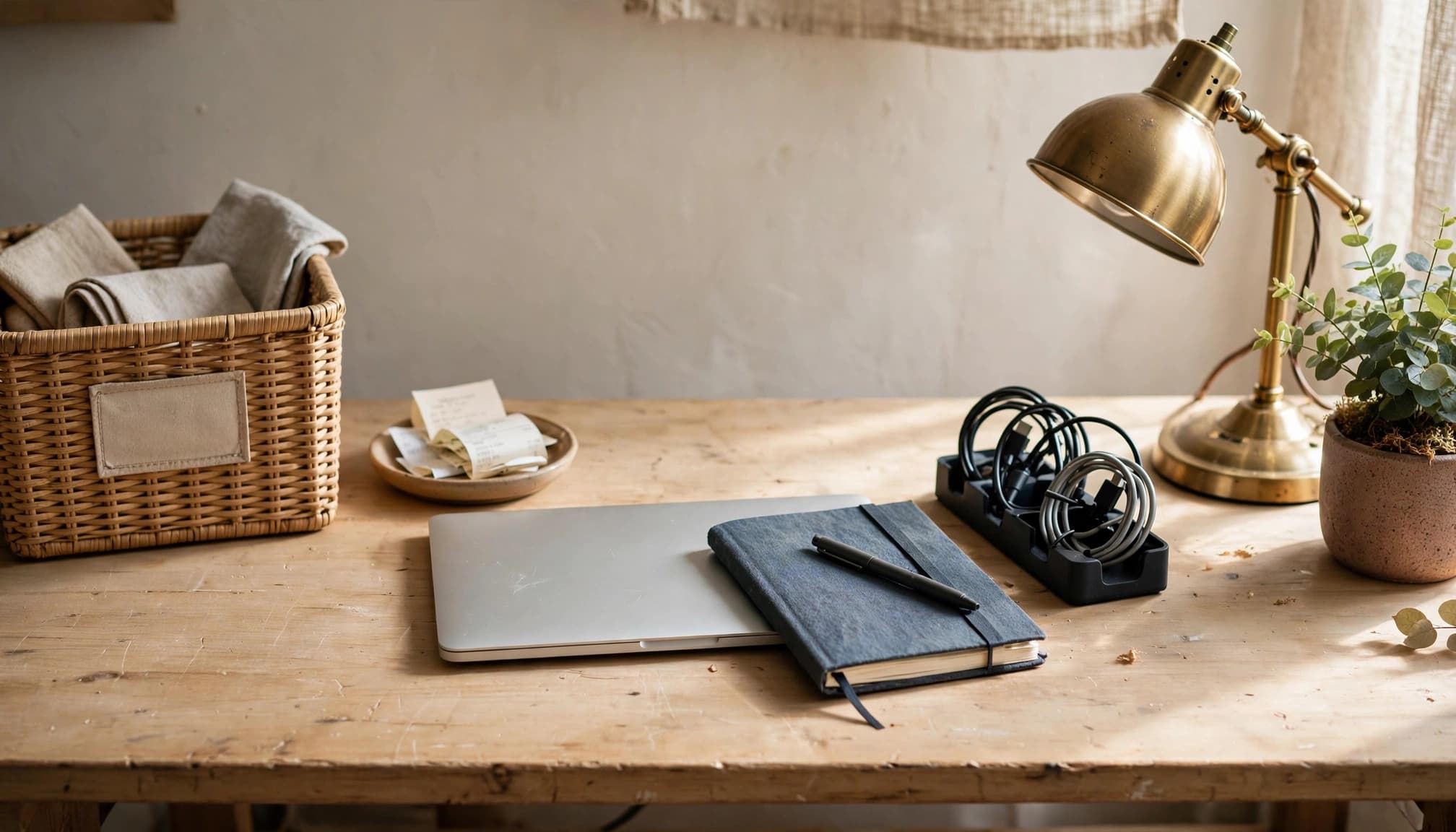 Organized wooden desk with laptop, notebook, cable holder, storage basket and lamp