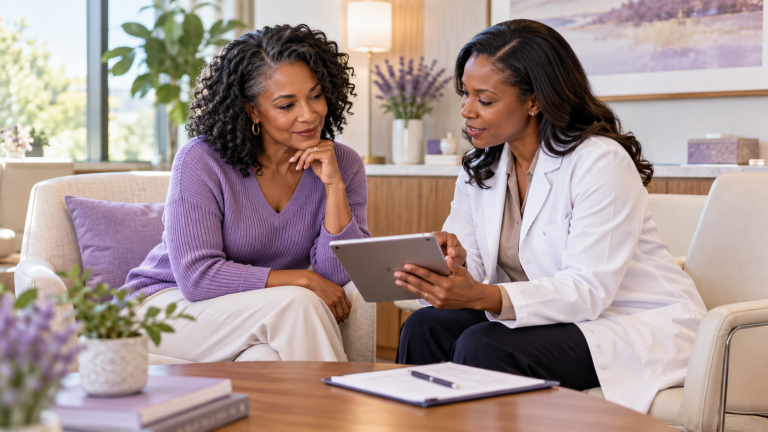 Mature Black woman reviewing cosmetic procedure options with a female physician