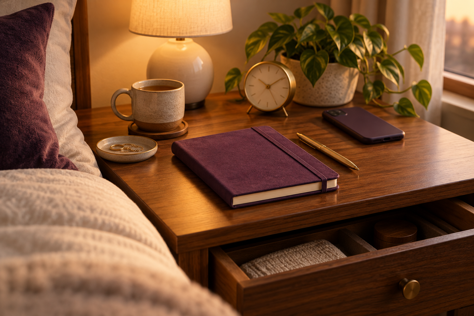 Closed purple journal and gold pen on a quiet bedside table