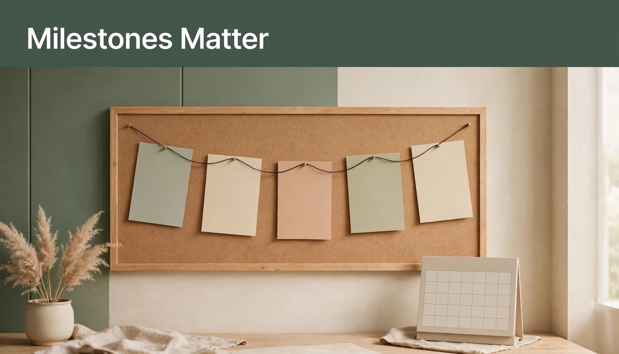 Blank colored cards form a timeline above an empty desk calendar.