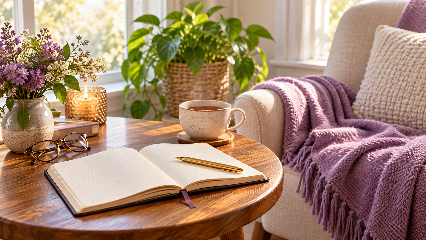 Open journal and gold pen beside tea in a peaceful sunlit reading corner