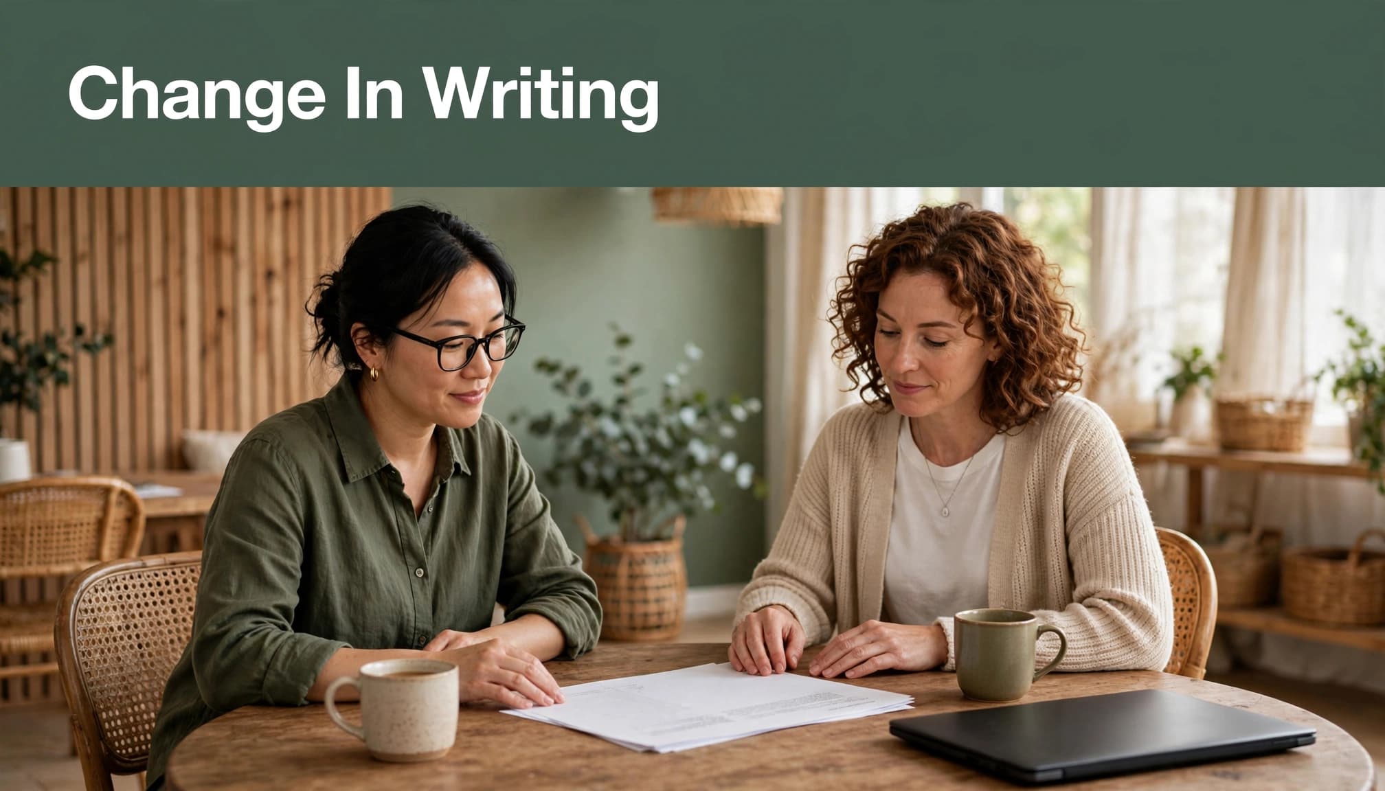 Two people review a paper at a round table in a bright studio.