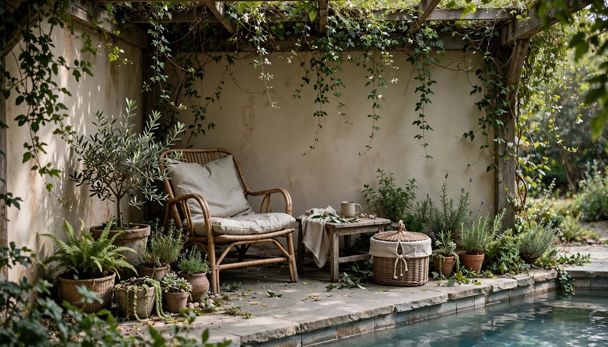 Wicker chair, side table and covered basket surrounded by greenery beside a pool