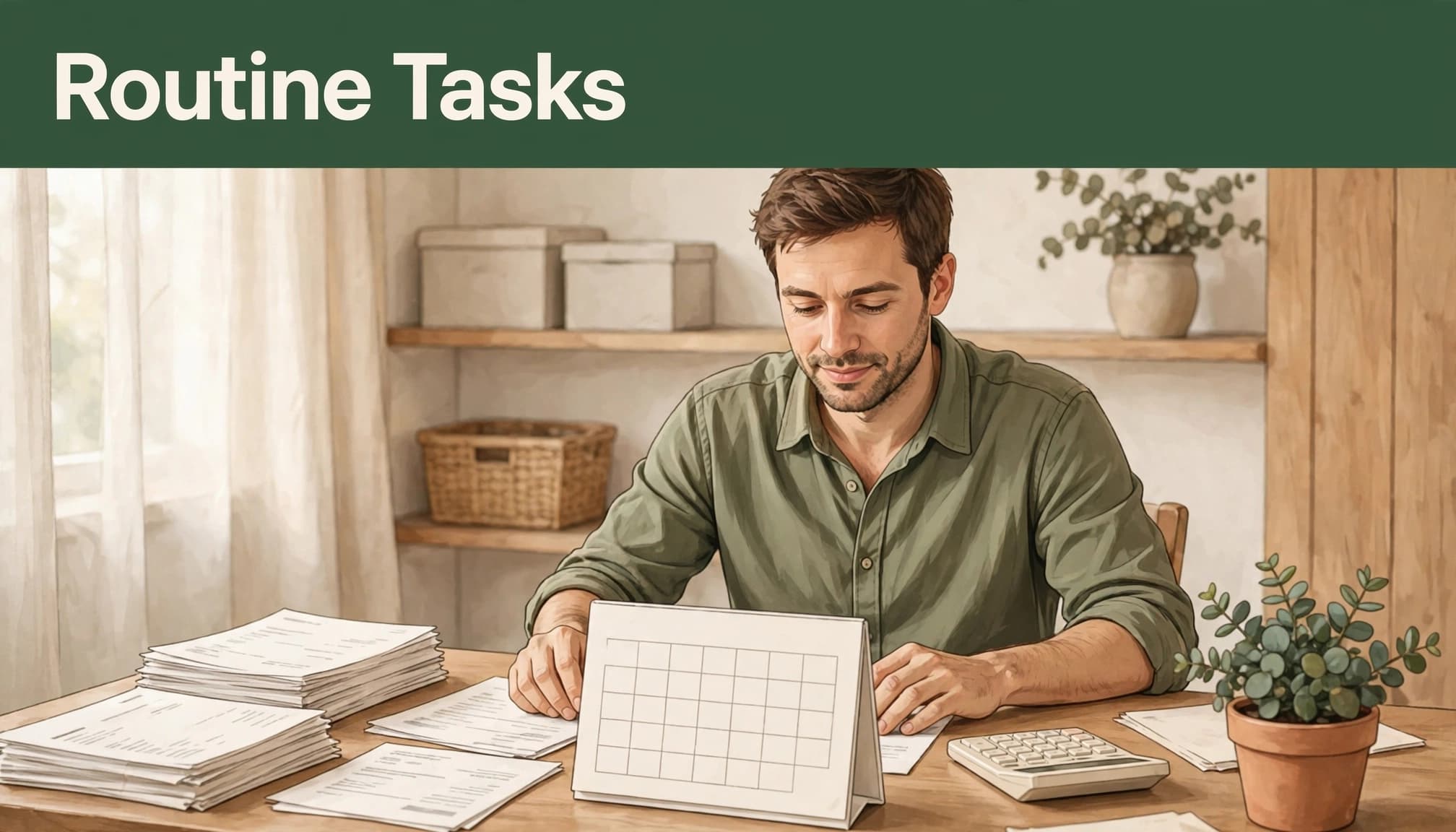An editorial illustration of a man at a desk with Routine Tasks text above.