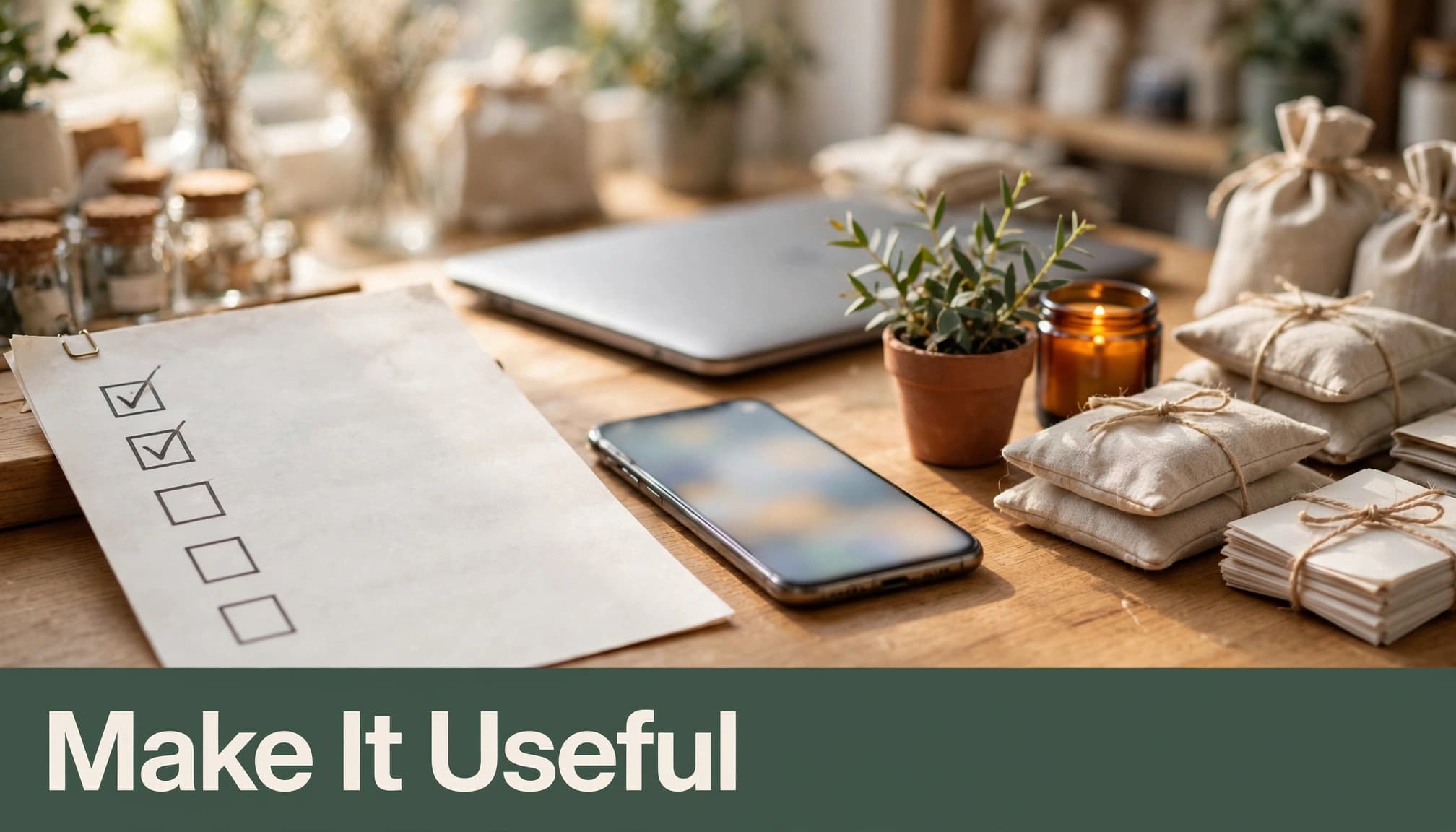 A checklist and phone sit on a shop counter near a closed laptop.